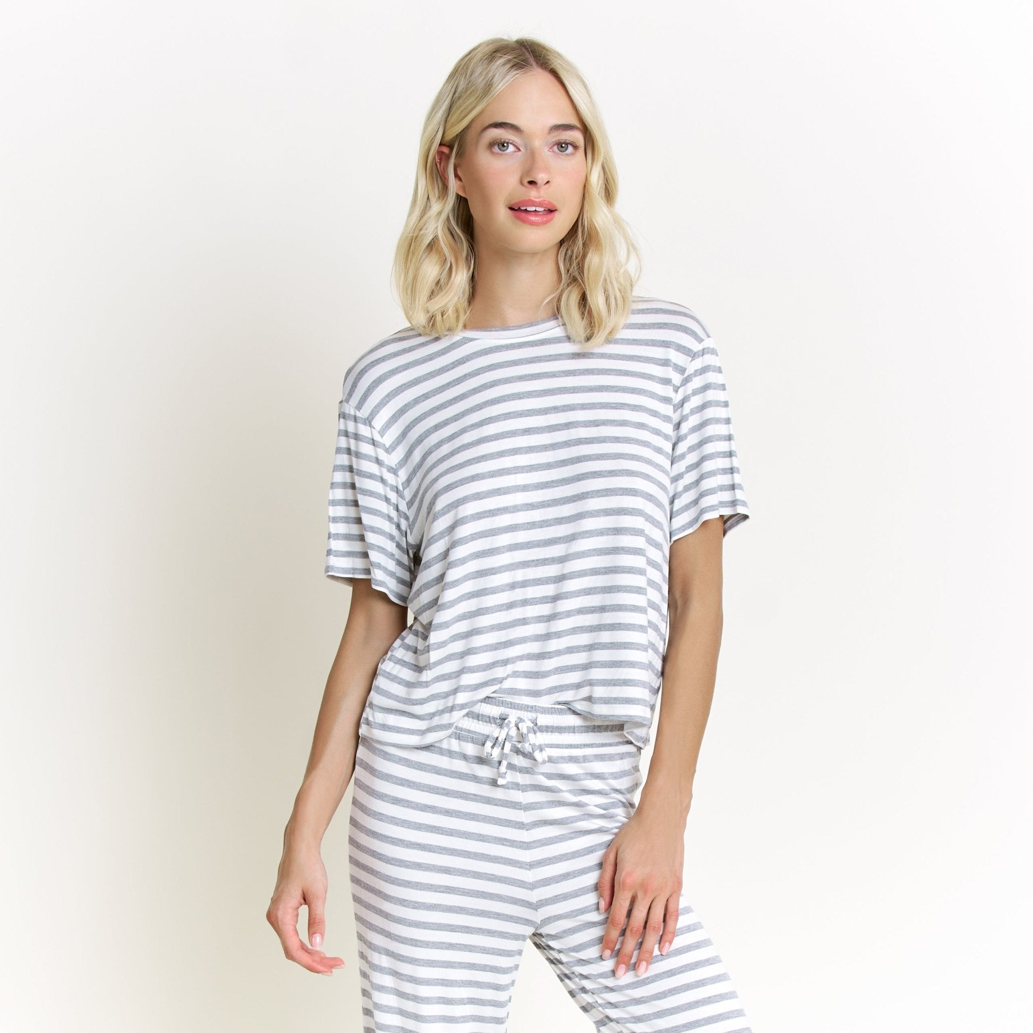 All American Tee Pant Set In Ivory Stripe - Sleepshirt+Pants -
