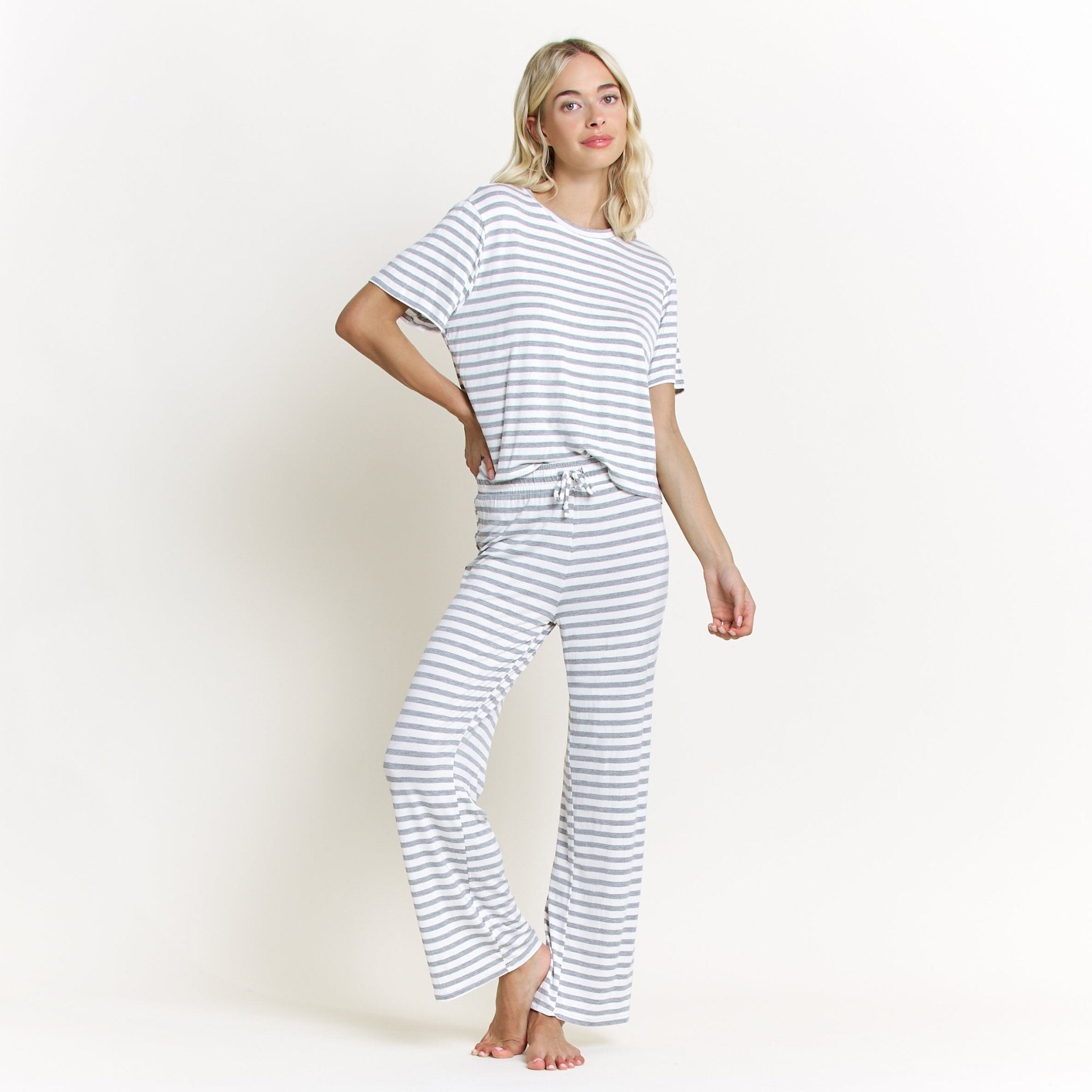 All American Tee Pant Set In Ivory Stripe - Sleepshirt+Pants - XL