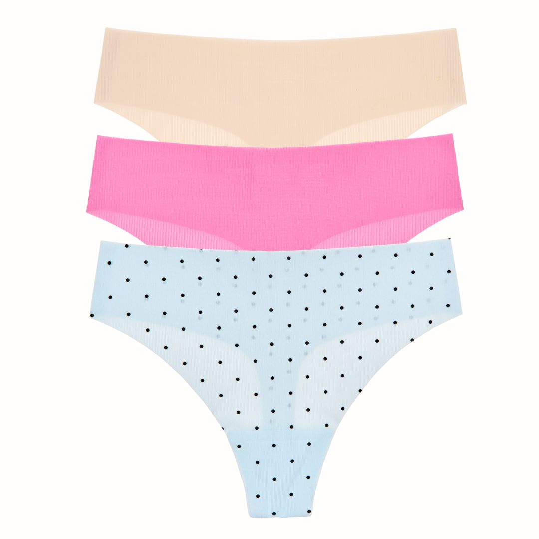 Like Nothing Thong 3-Pack in Nude, Hot Fuchsia, & Blue Swiss Dot - Underwear -