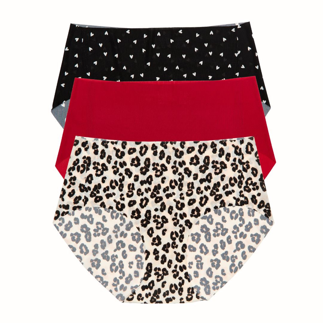 Like Nothing Hipster 3-Pack in Black Ditsy Hearts, Red Velvet, & Cream Leopard - Underwear -