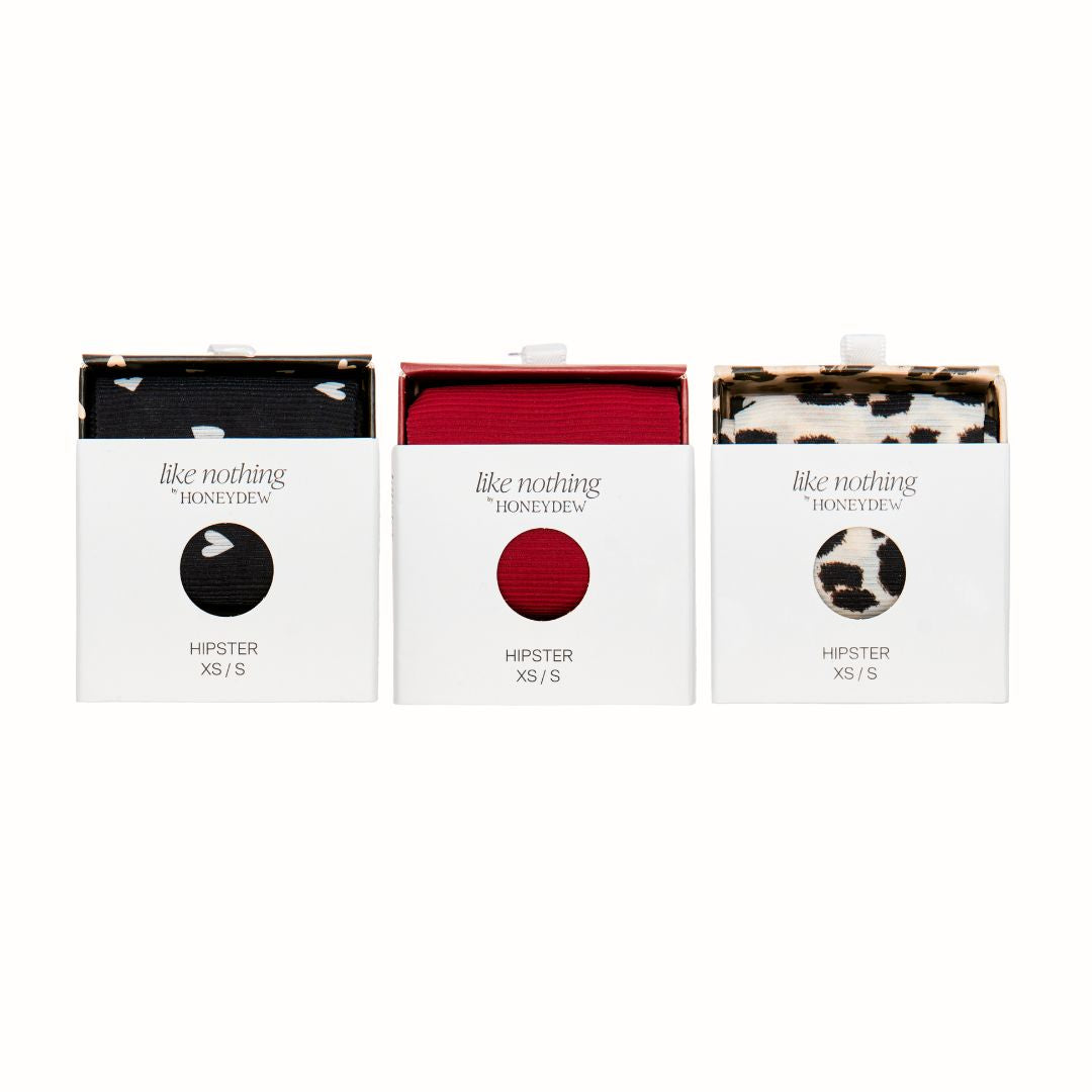 Like Nothing Hipster 3-Pack in Black Ditsy Hearts, Red Velvet, & Cream Leopard - Underwear -