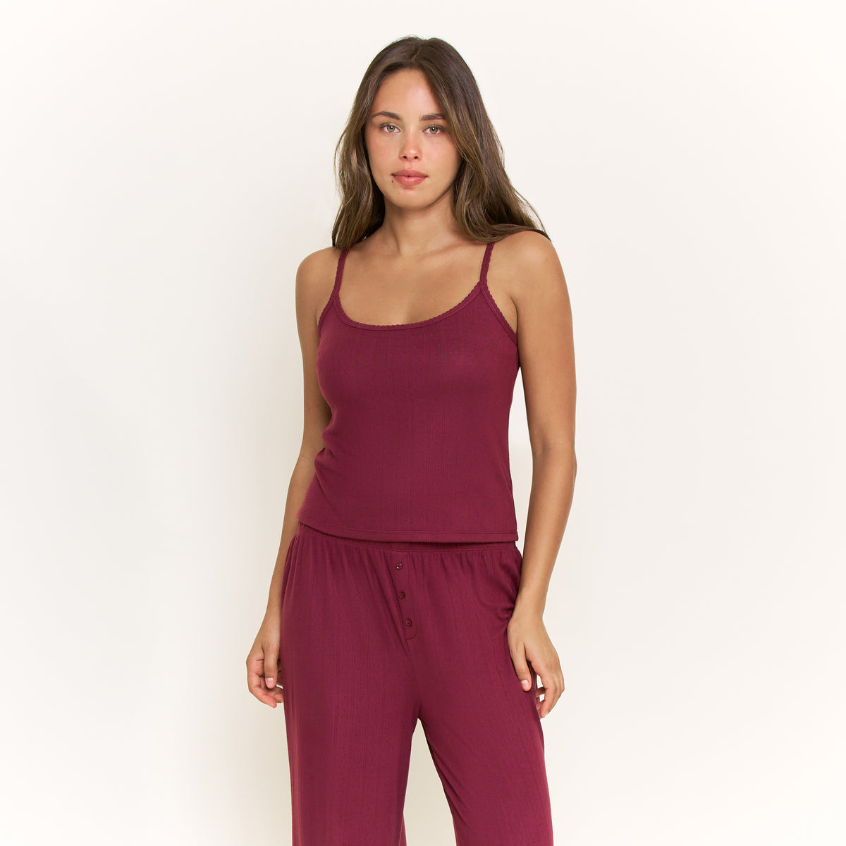 Blissful Cami Pant Set in Red Wine - -