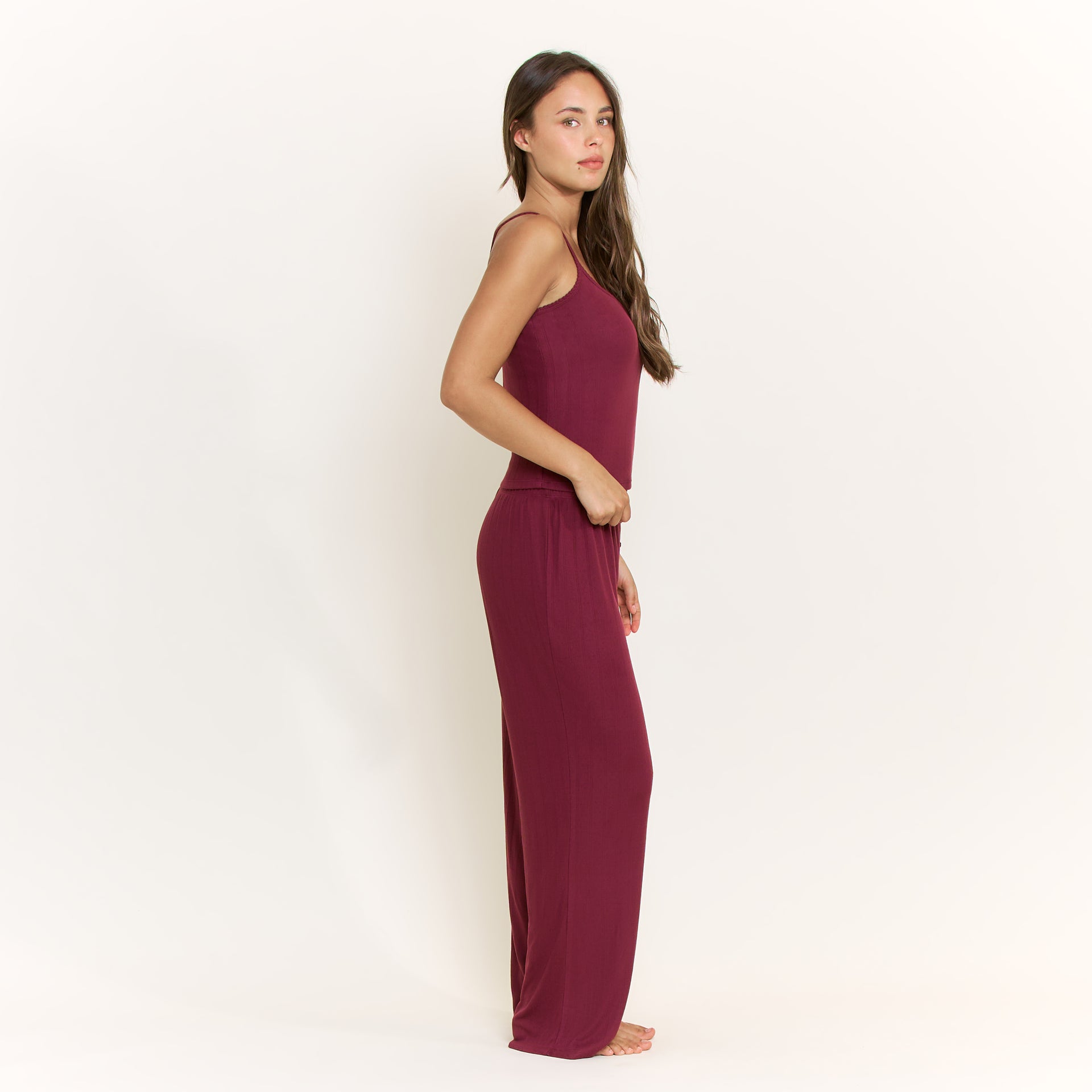 Blissful Cami Pant Set in Red Wine - -