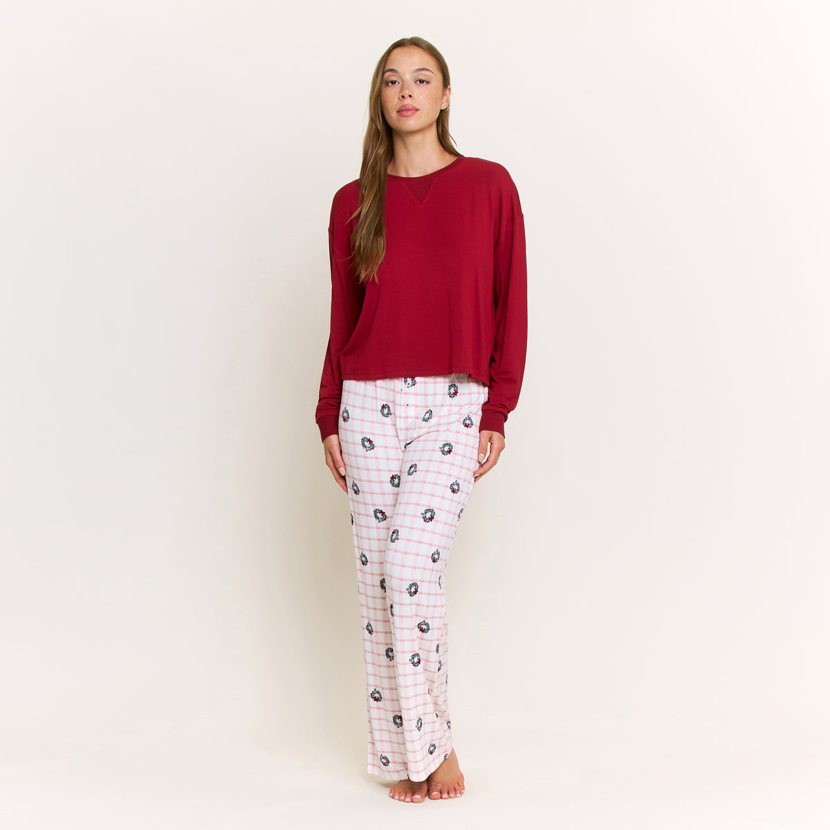 Sugar Sweetheart Long Sleeve Pant Set in Ivory Wreath Plaid - -