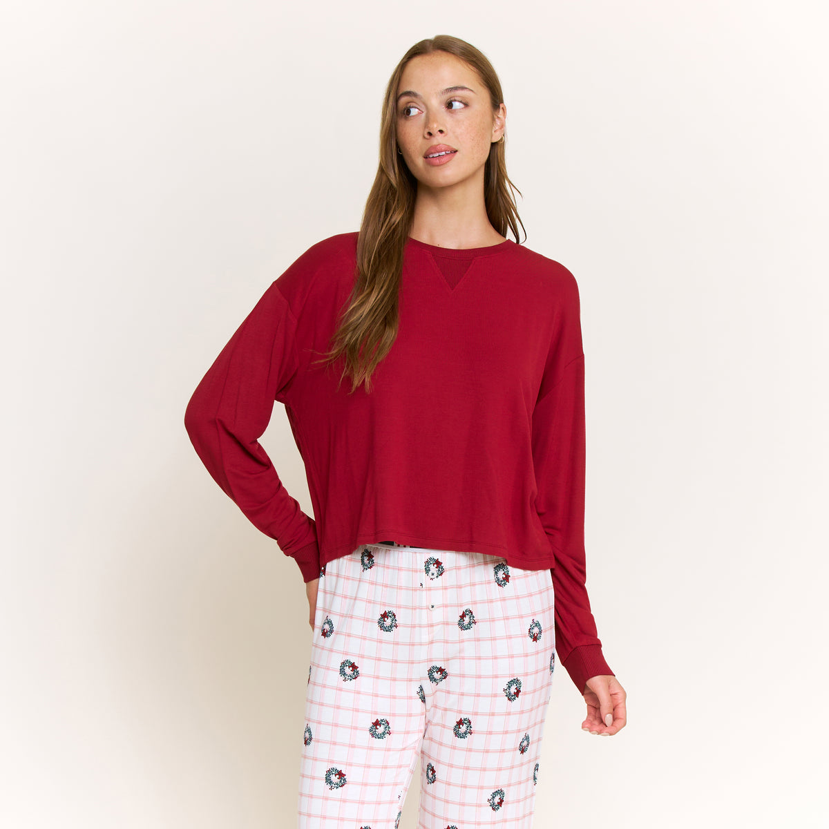 Sugar Sweetheart Long Sleeve Pant Set in Ivory Wreath Plaid - -