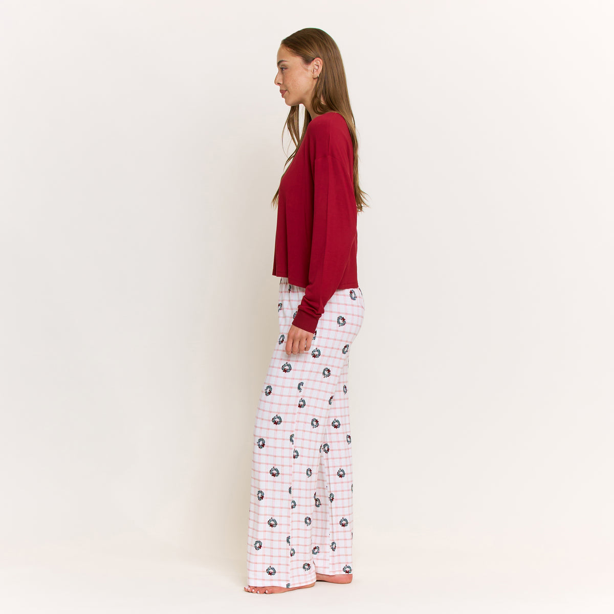 Sugar Sweetheart Long Sleeve Pant Set in Ivory Wreath Plaid - -
