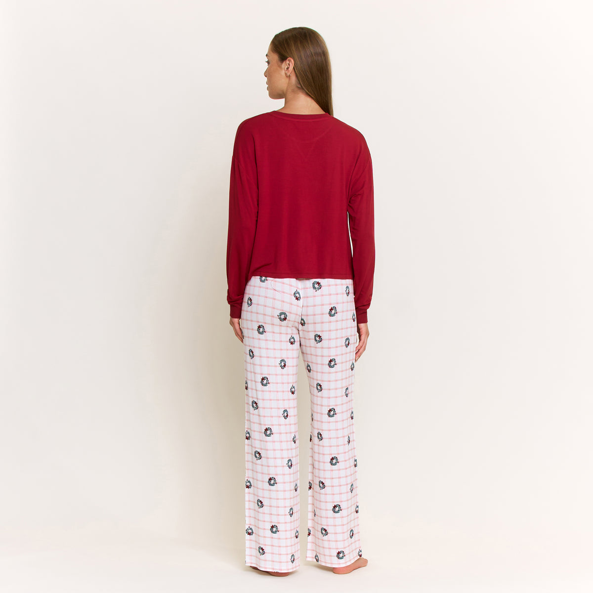 Sugar Sweetheart Long Sleeve Pant Set in Ivory Wreath Plaid - -