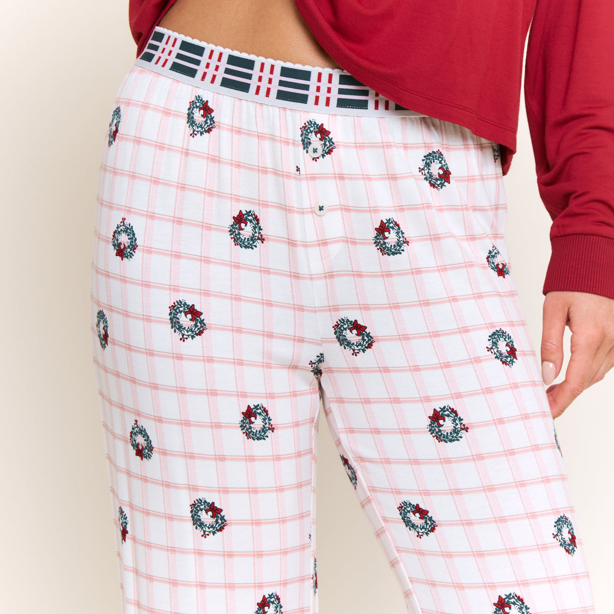 Sugar Sweetheart Long Sleeve Pant Set in Ivory Wreath Plaid - -