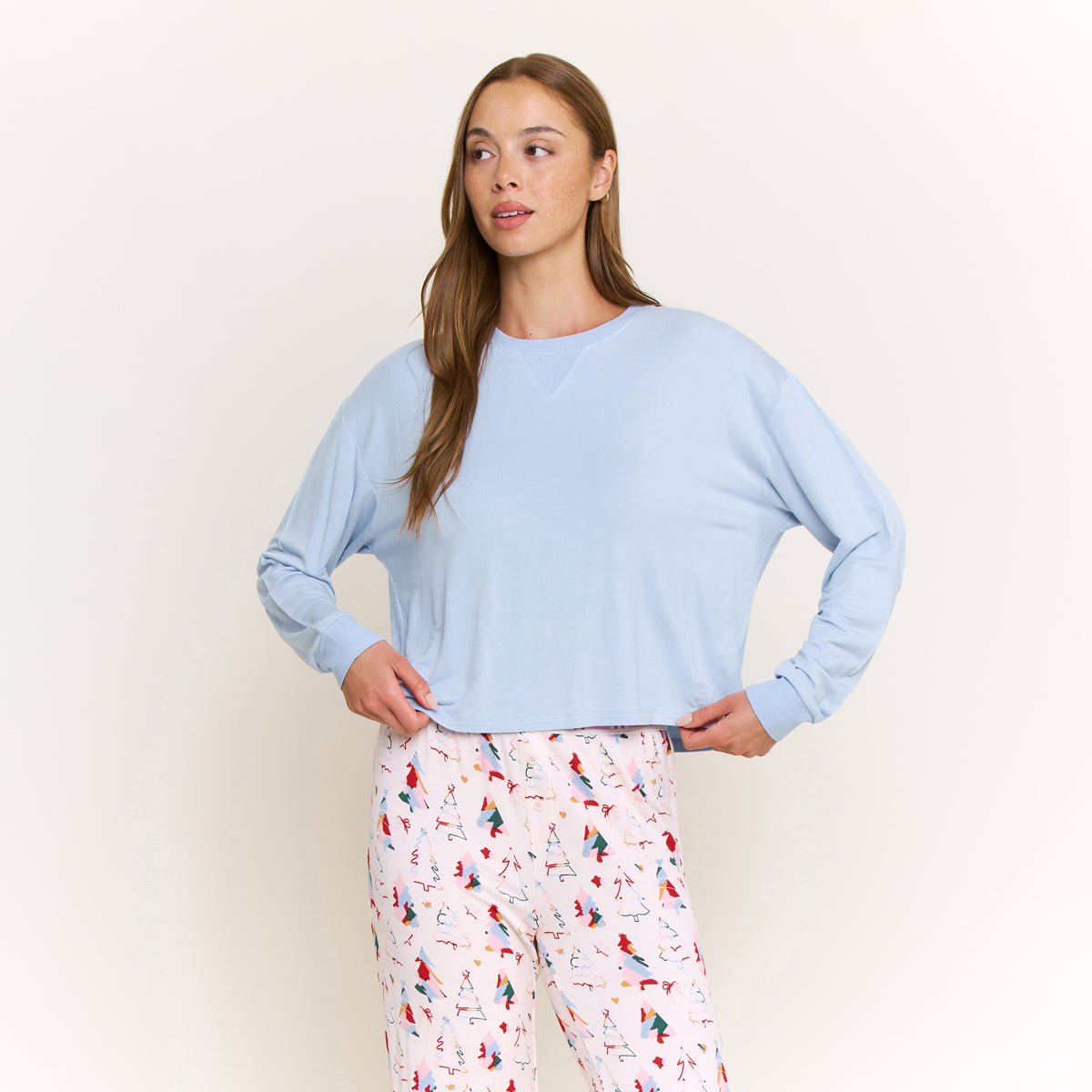 Sugar Sweetheart Long Sleeve Pant Set in Pale Pink Painted Trees - -