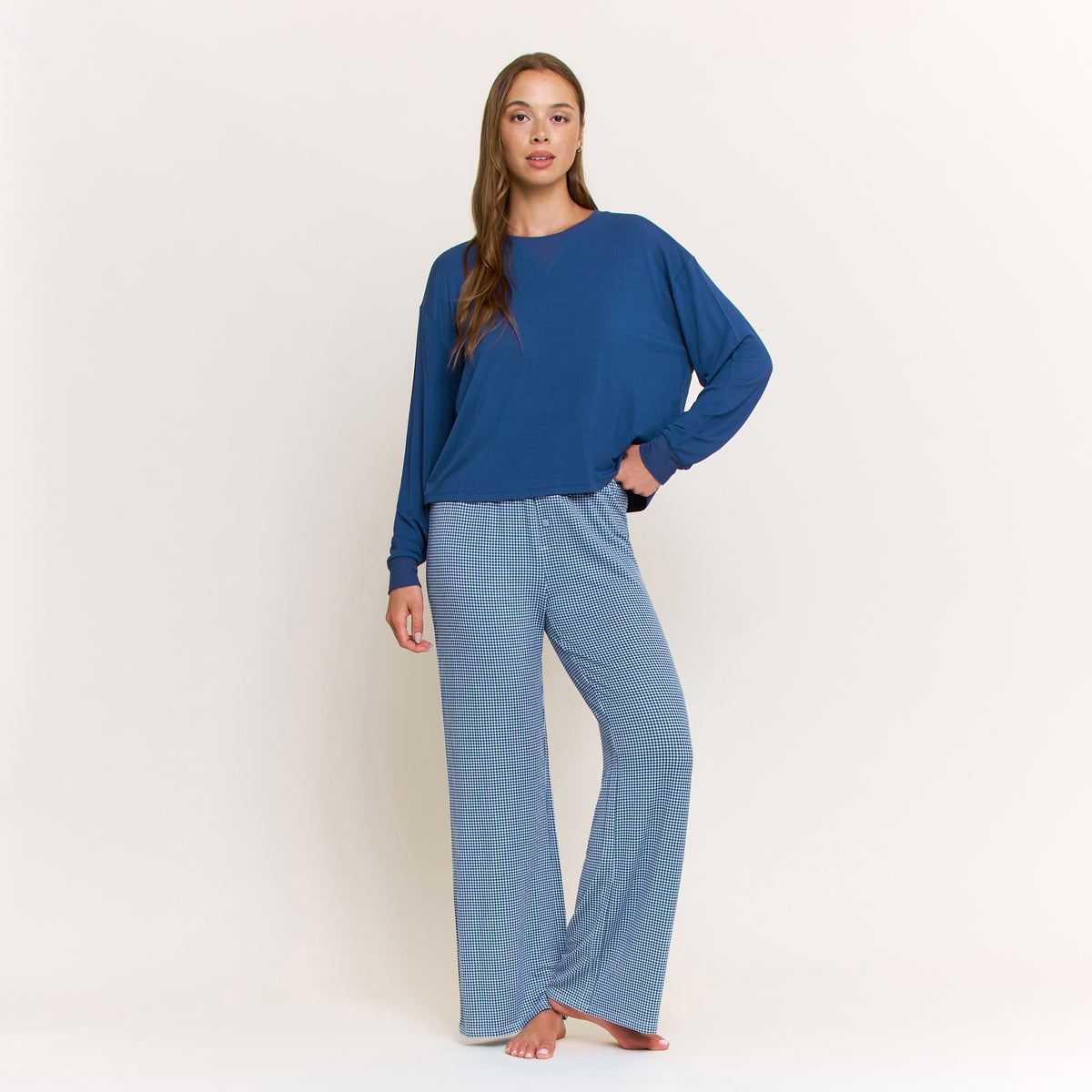 Sugar Sweetheart Long Sleeve Pant Set in Sapphire Mini Gingham - -