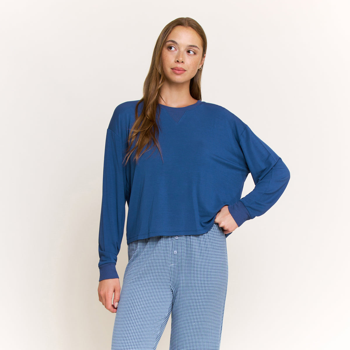 Sugar Sweetheart Long Sleeve Pant Set in Sapphire Mini Gingham - -