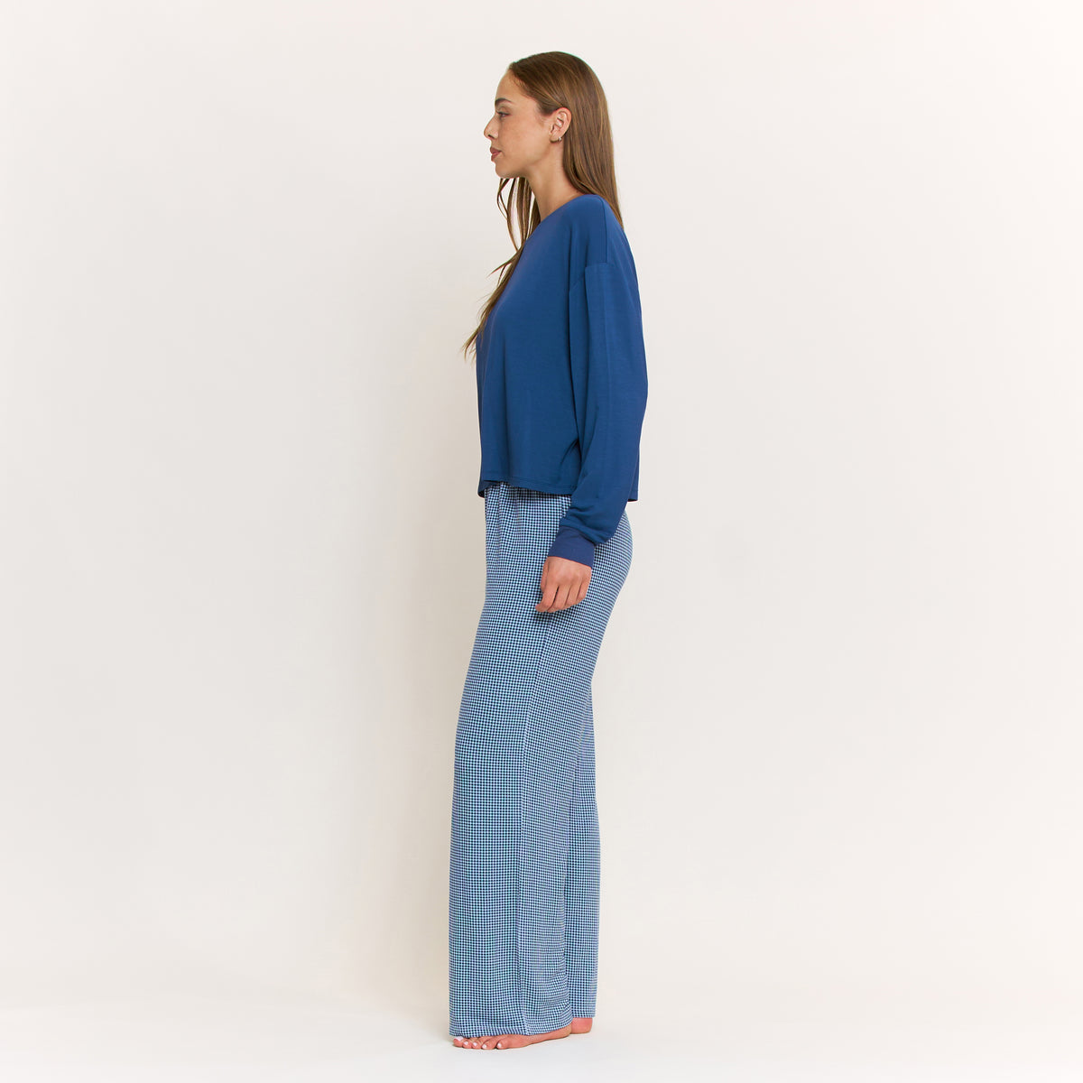 Sugar Sweetheart Long Sleeve Pant Set in Sapphire Mini Gingham - -