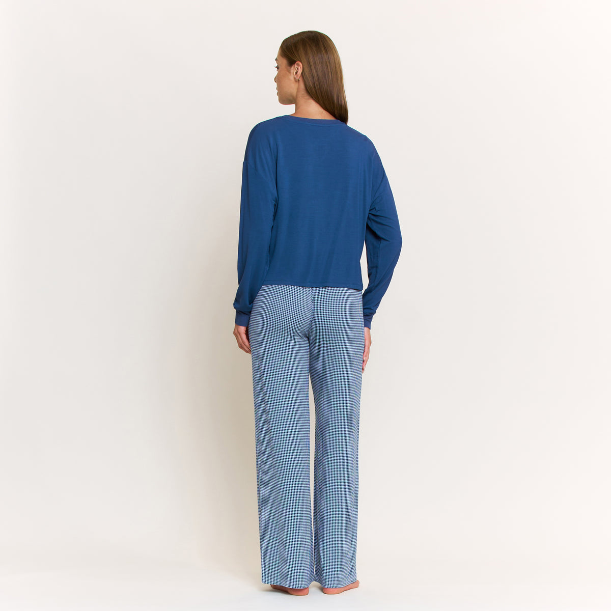 Sugar Sweetheart Long Sleeve Pant Set in Sapphire Mini Gingham - -