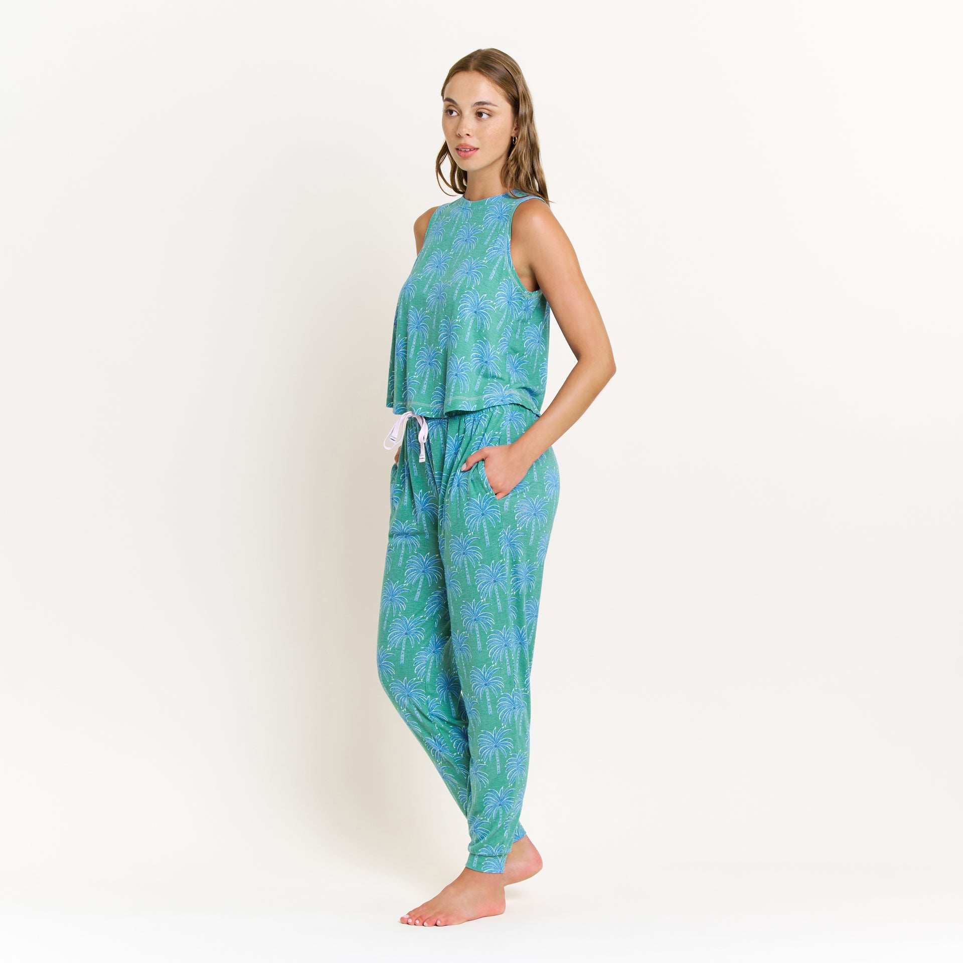Star Seeker Tank Pant Set in Emerald Etched Palm - -