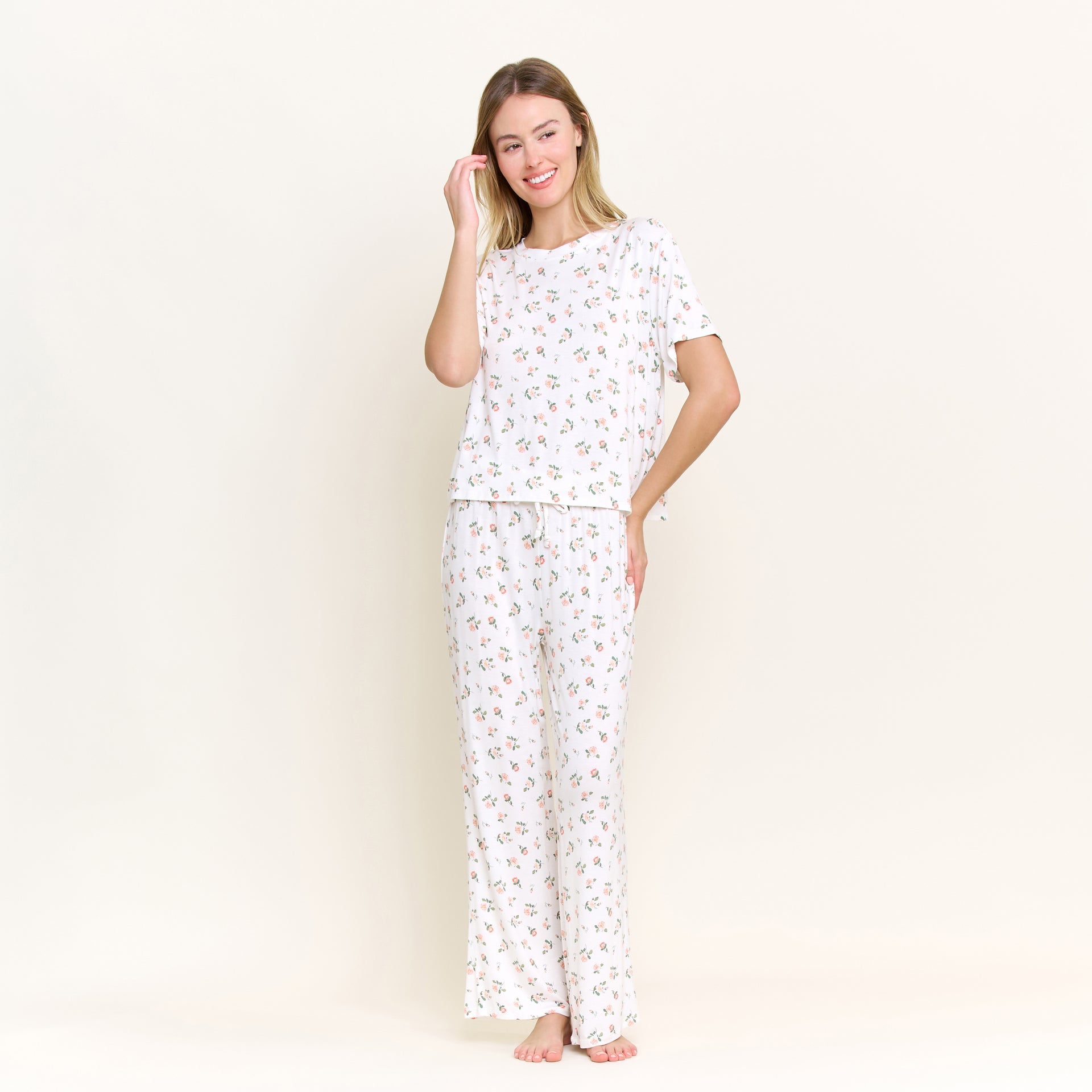 All American Tee Pant Set in Ivory Rosebuds - Sleepwear & Loungewear - XL