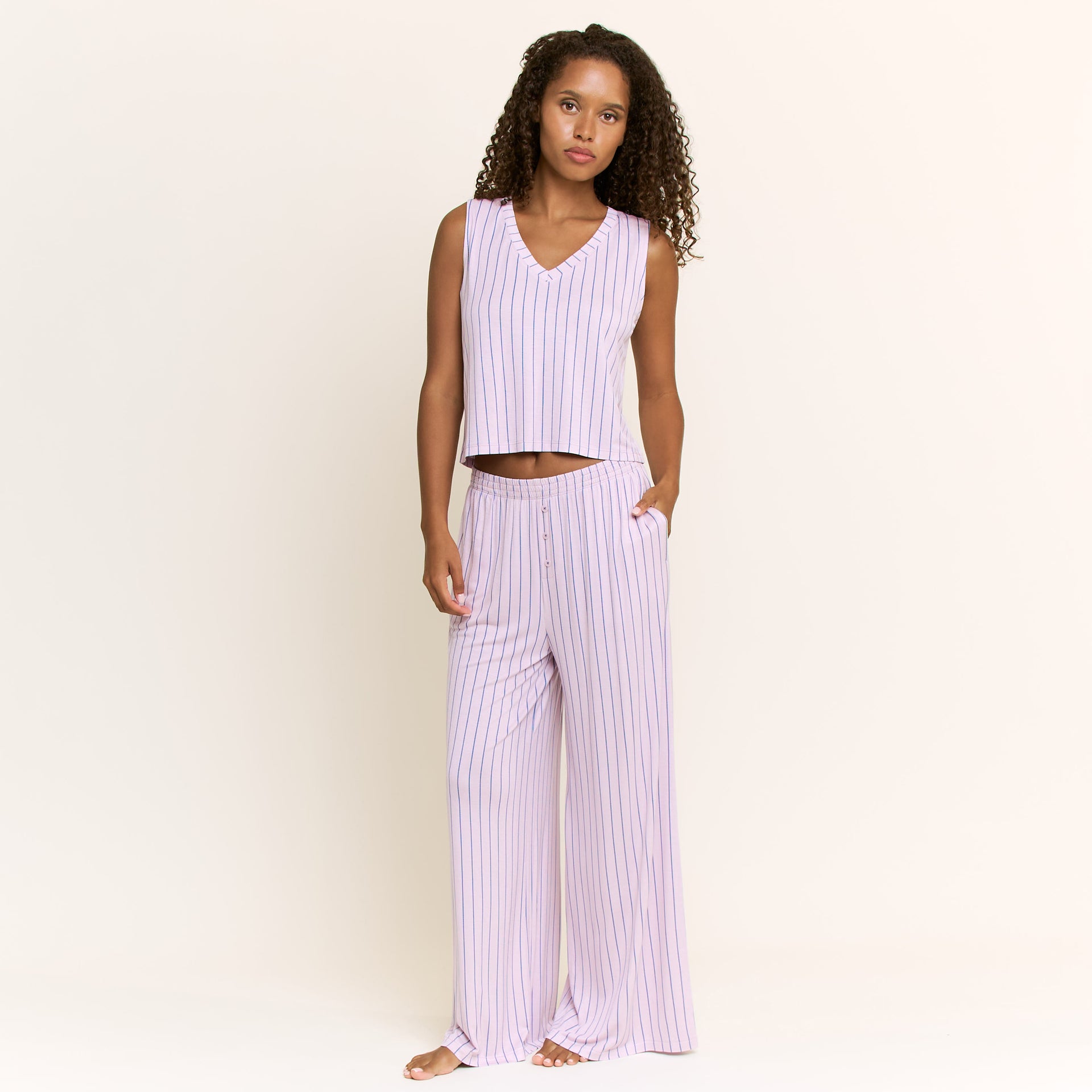 All American V Tank Pant Set in Lilac Dew Pin Stripe - -