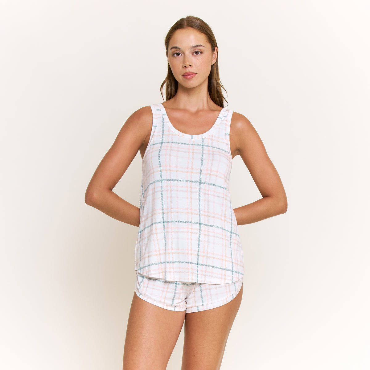 Good Times Tank Shortie Set in Ivory Sketch Plaid - Sleepwear & Loungewear -