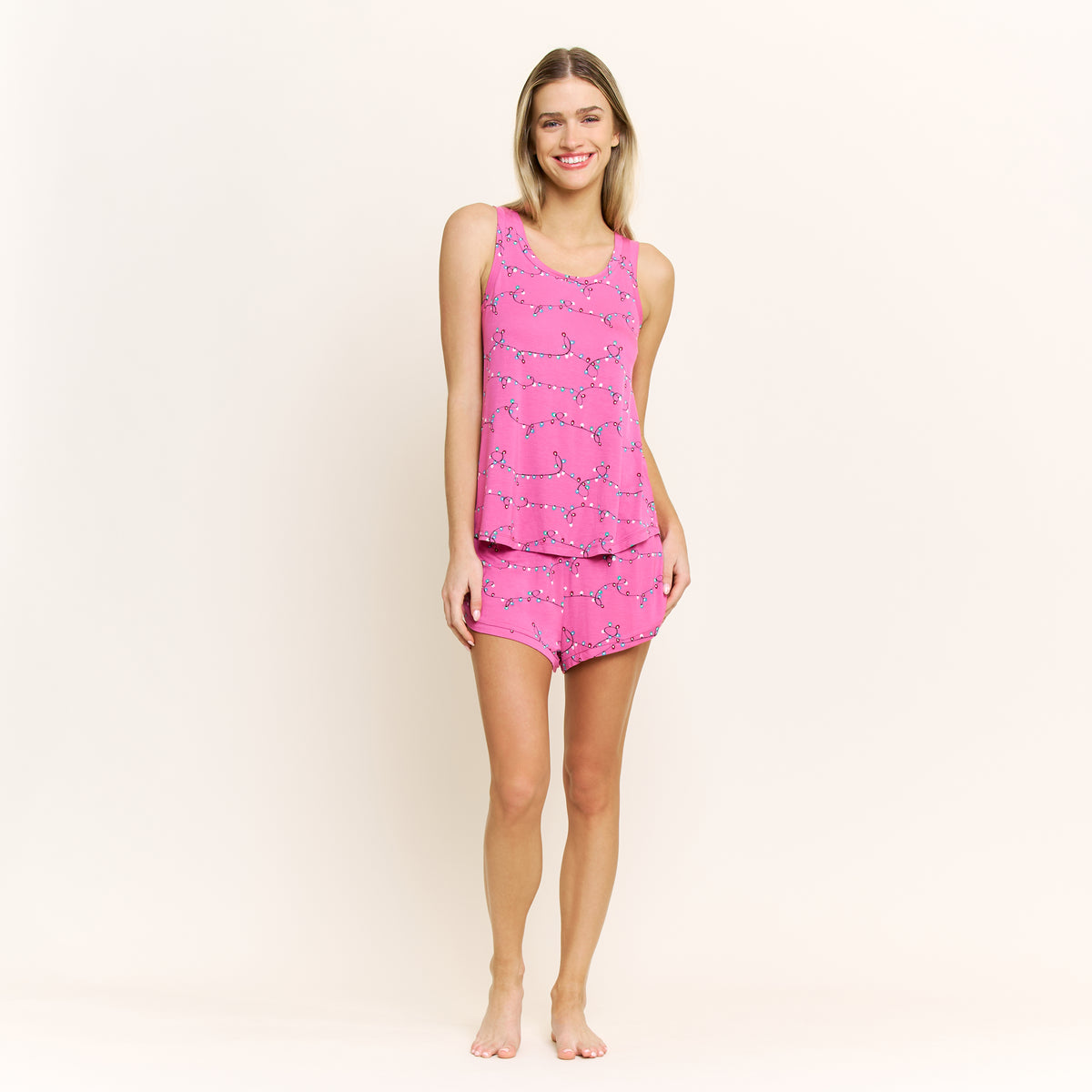 Good Times Tank Shortie Set in Fuchsia Festive Lights - Sleepwear & Loungewear -