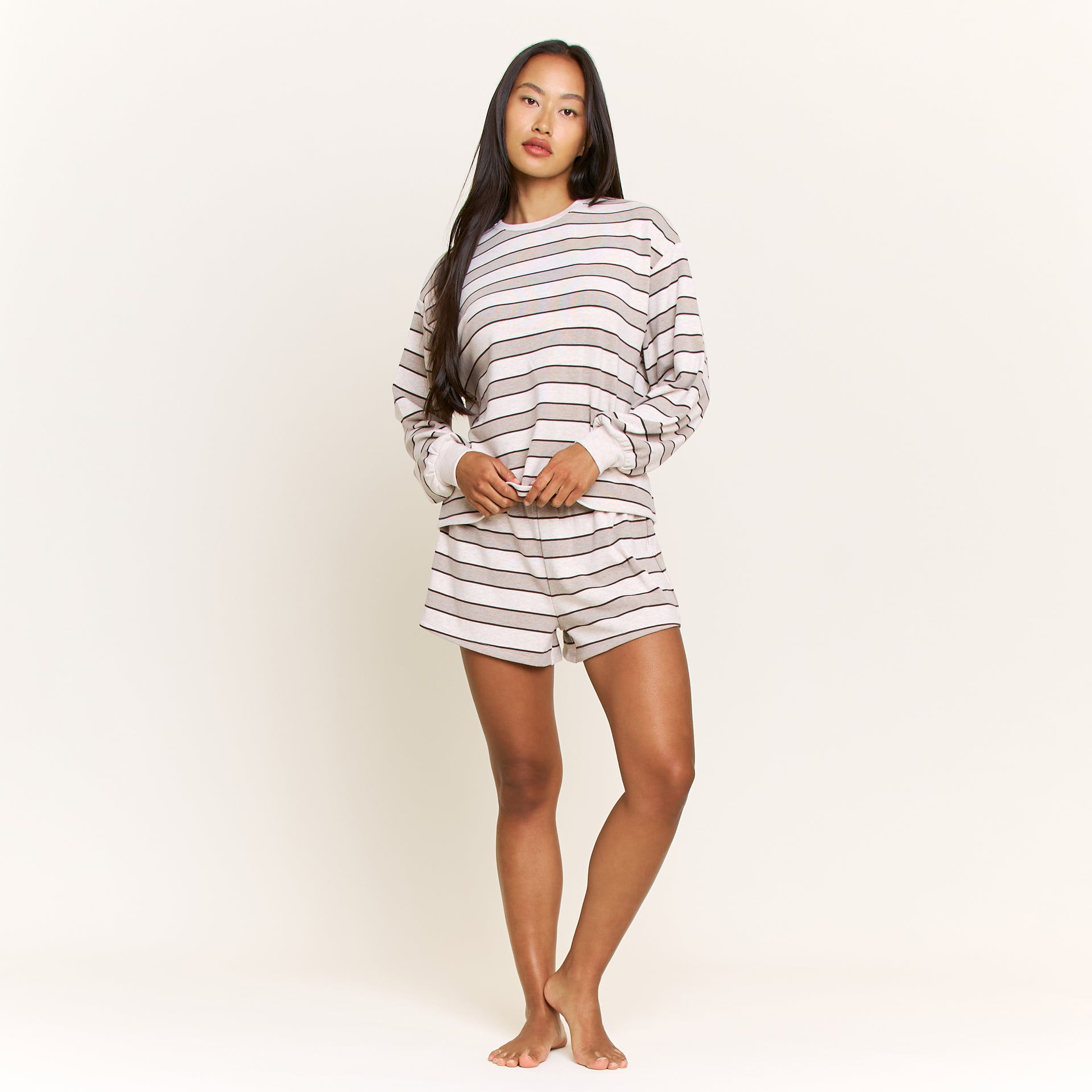 Cozy Era Long Sleeve Shortie Set in Coffee Stripe - -