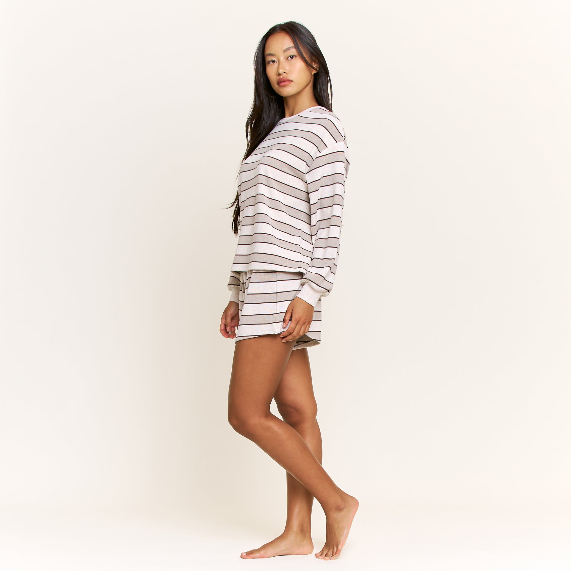 Cozy Era Long Sleeve Shortie Set in Coffee Stripe - -