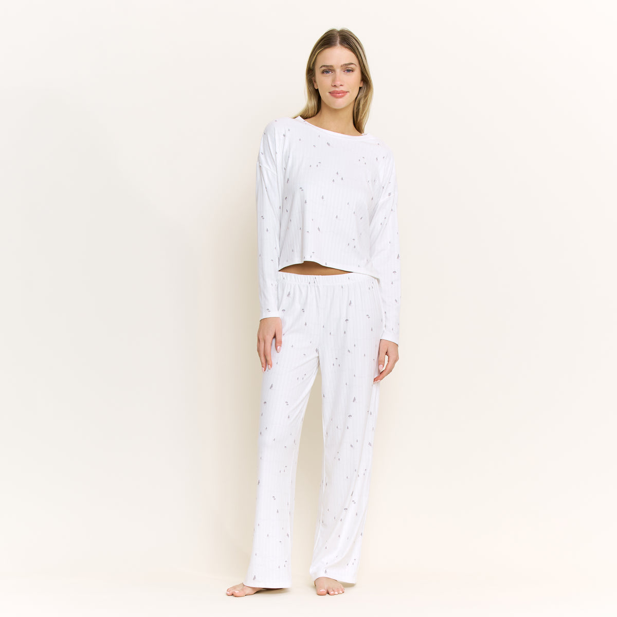 Ritual of Rest Long Sleeve Pant Set in Ivory Tiny Trees - -