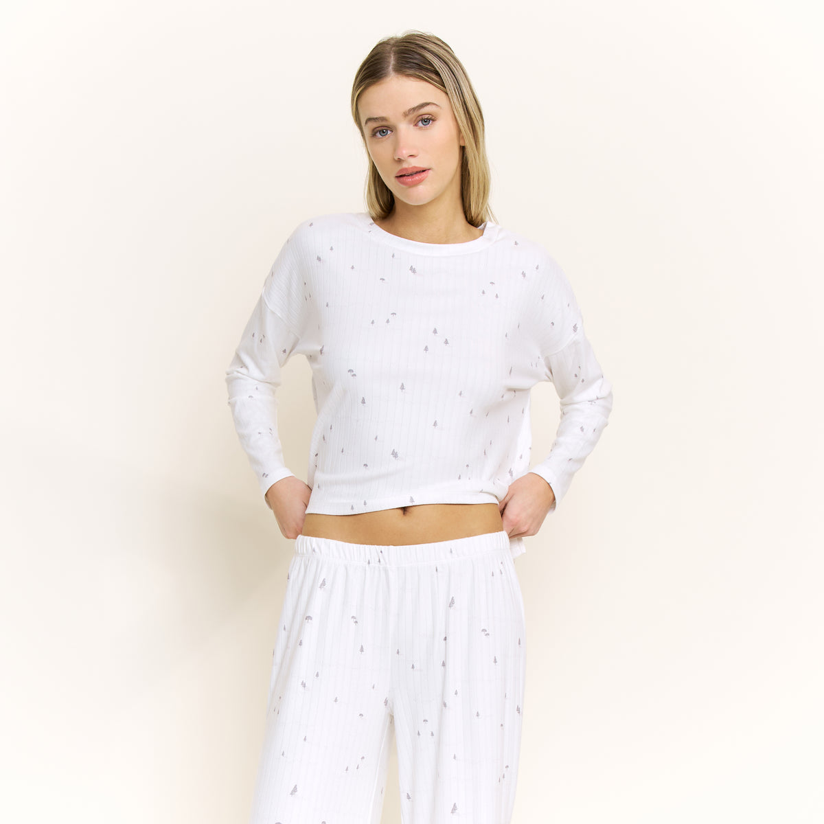 Ritual of Rest Long Sleeve Pant Set in Ivory Tiny Trees - -