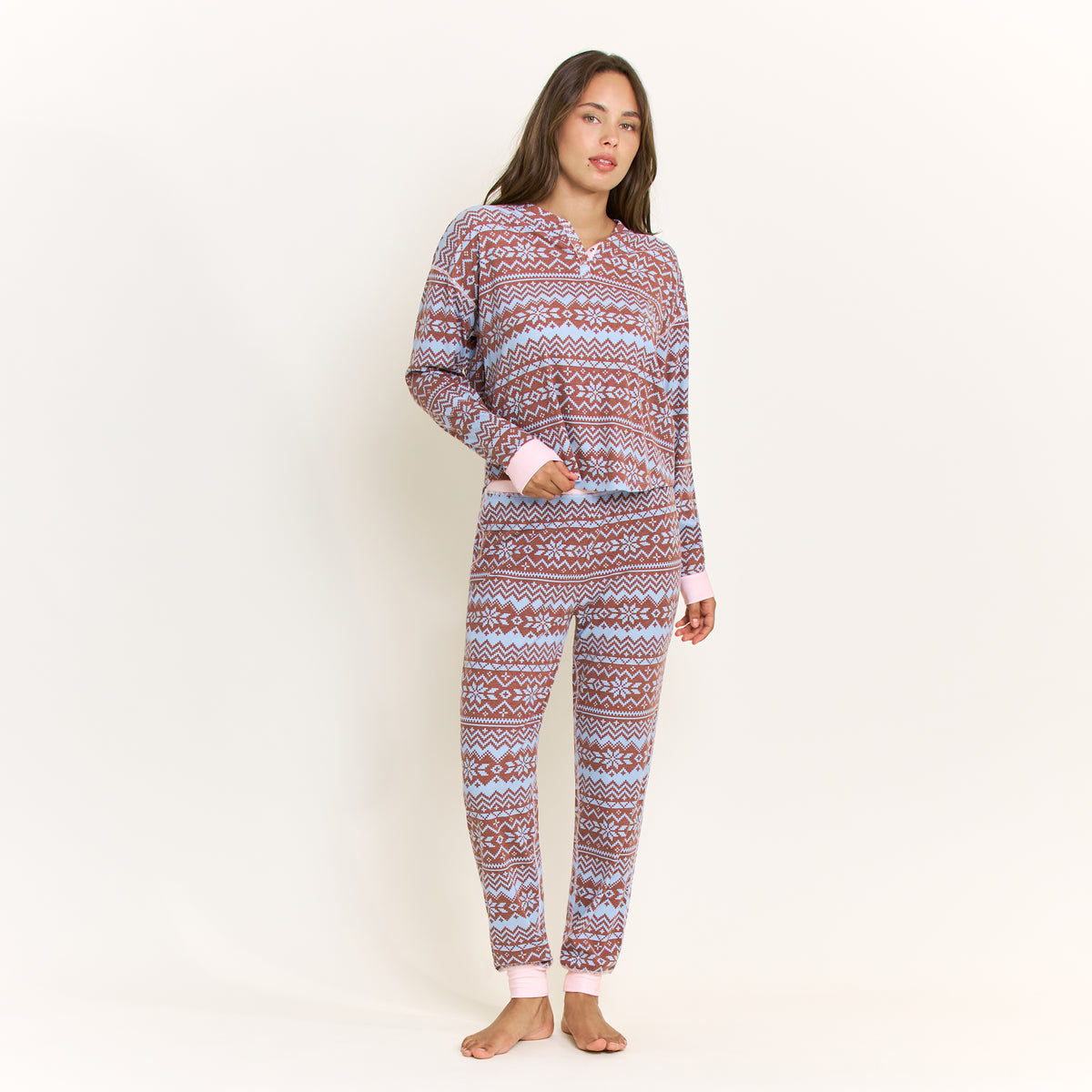Cuddle Crew Long Henley Set in Arctic Blue Fair Isle - -