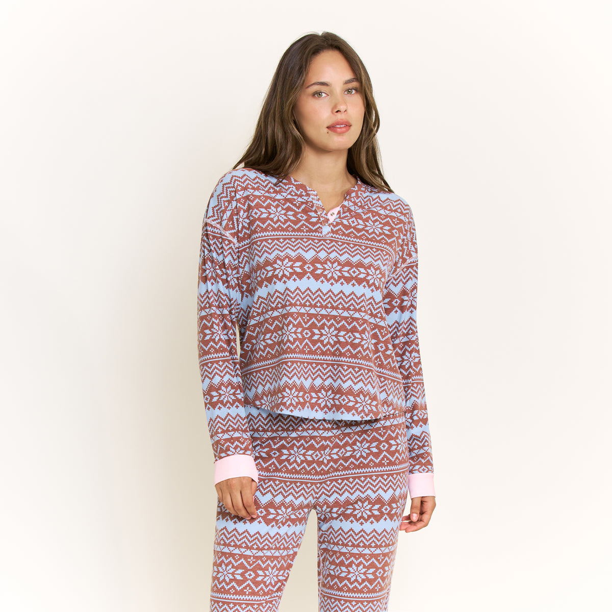 Cuddle Crew Long Henley Set in Arctic Blue Fair Isle - -