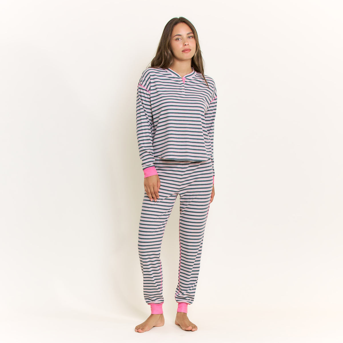 Cuddle Crew Long Henley Set in Evergreen Stripe - -