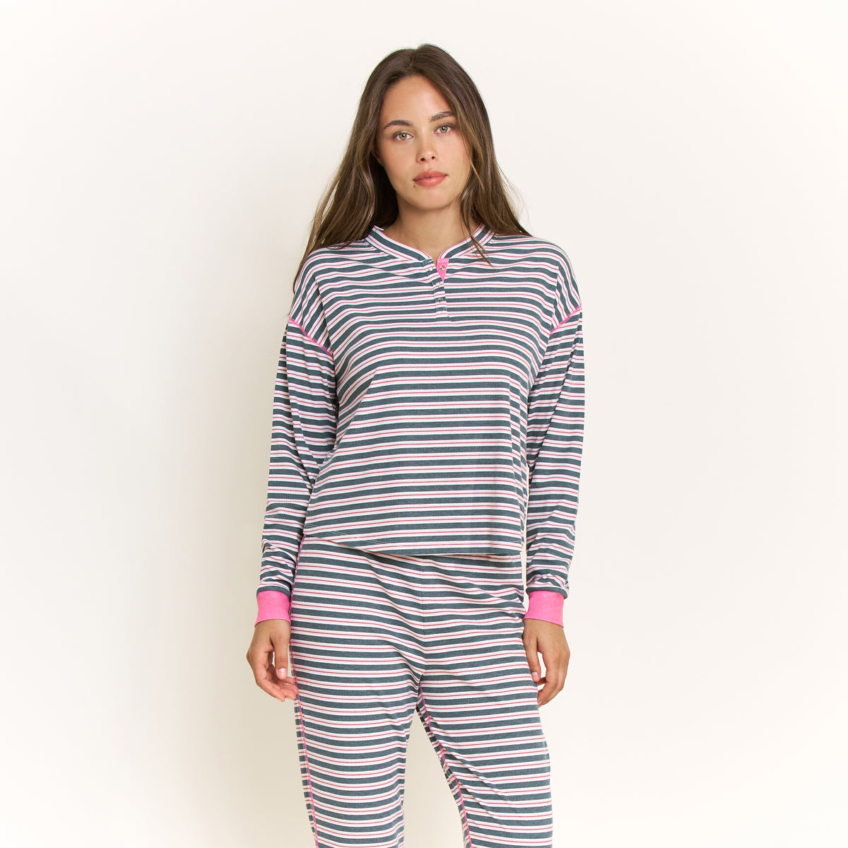 Cuddle Crew Long Henley Set in Evergreen Stripe - -