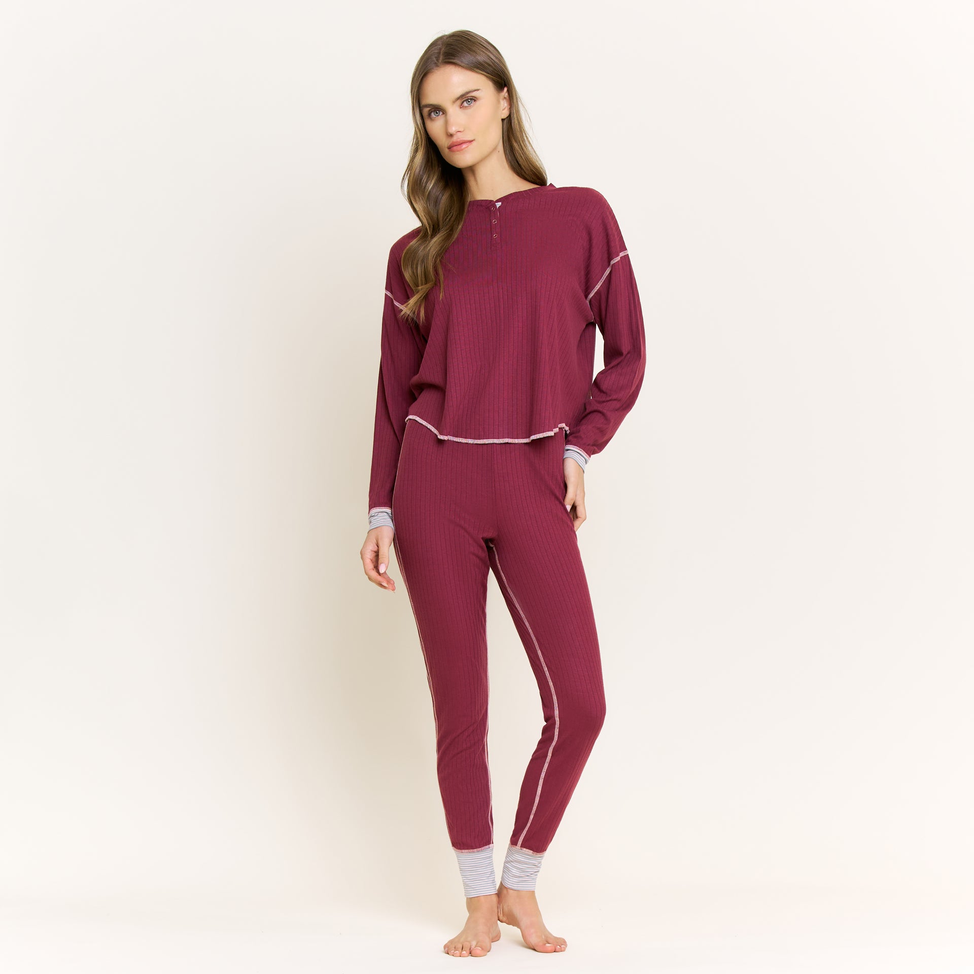 Cuddle Crew Long Henley Set in Red Wine - -