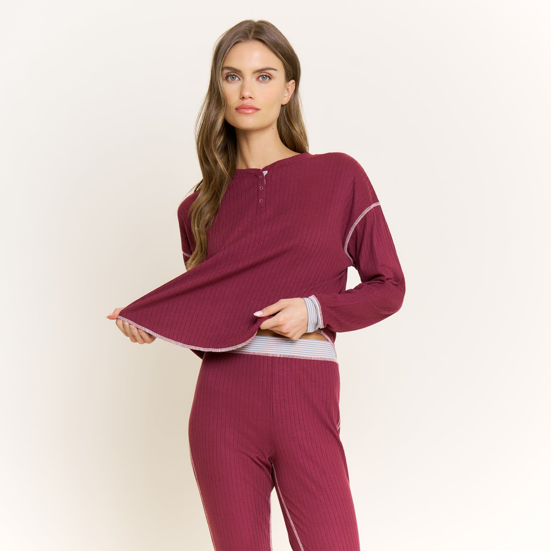 Cuddle Crew Long Henley Set in Red Wine - -