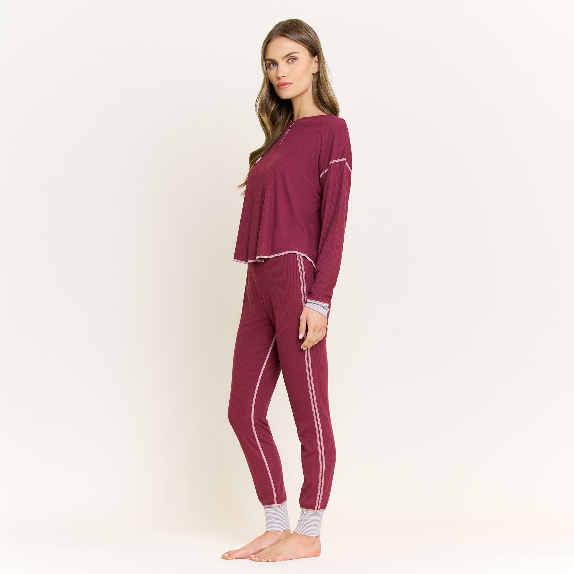 Cuddle Crew Long Henley Set in Red Wine - -