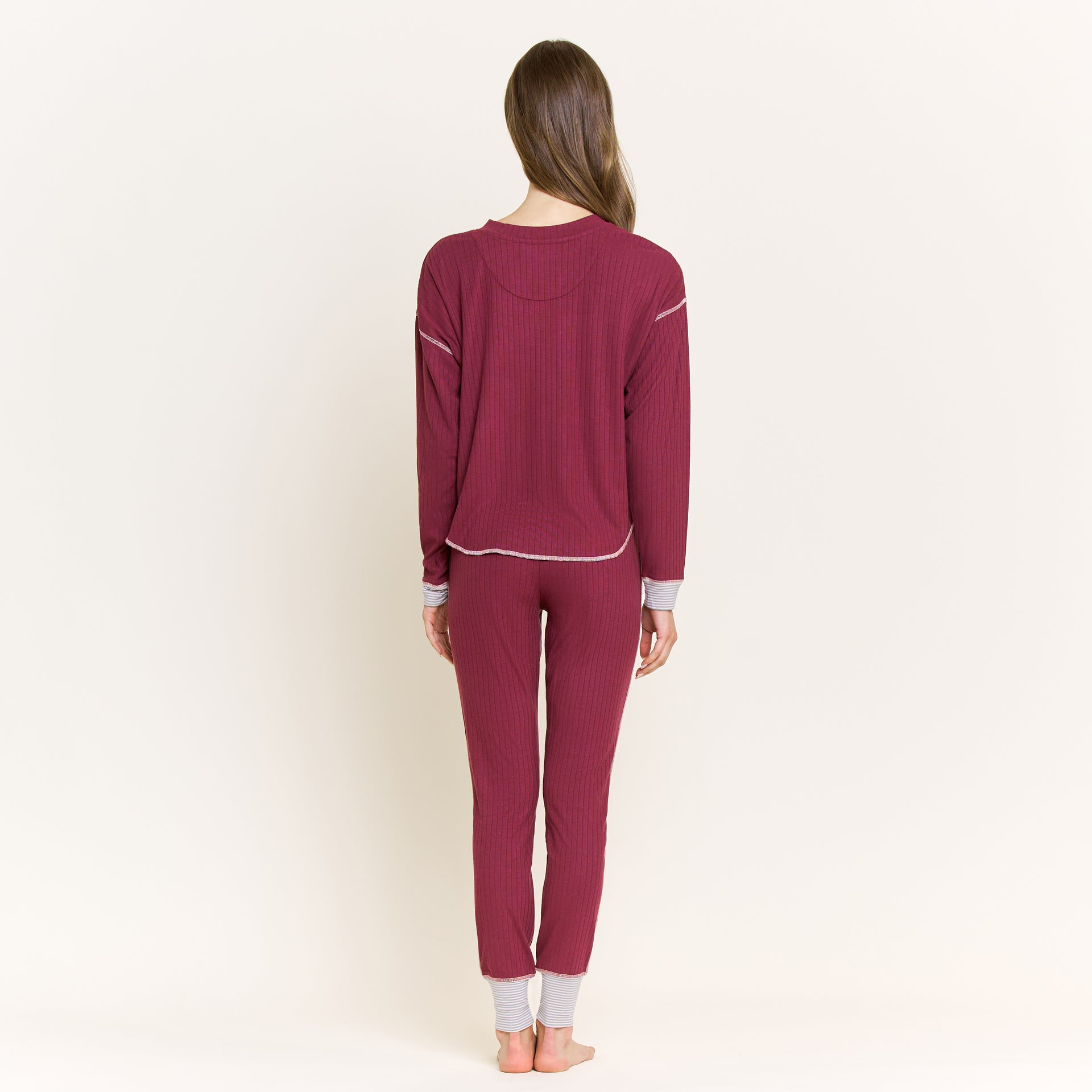Cuddle Crew Long Henley Set in Red Wine - -