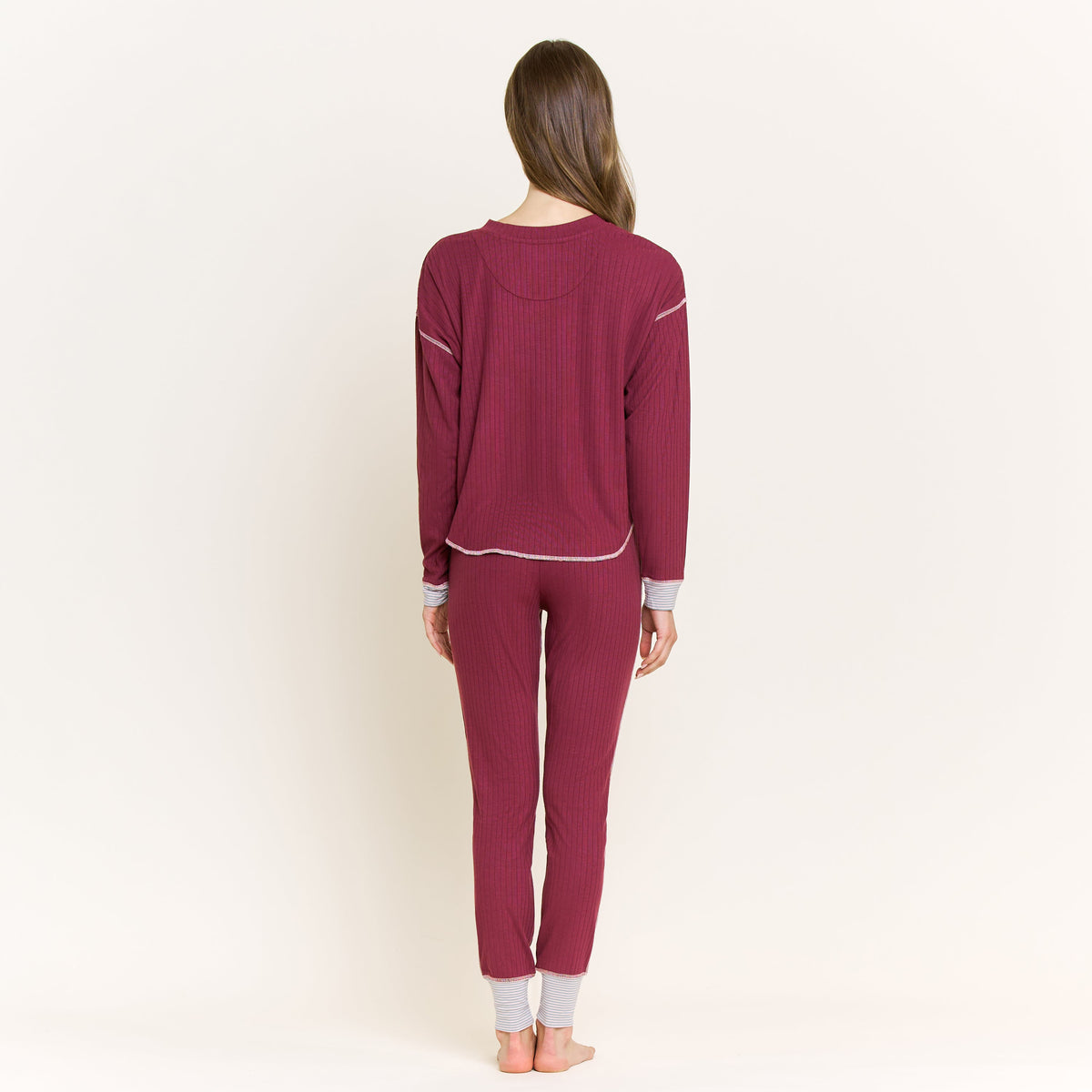 Cuddle Crew Long Henley Set in Red Wine - -