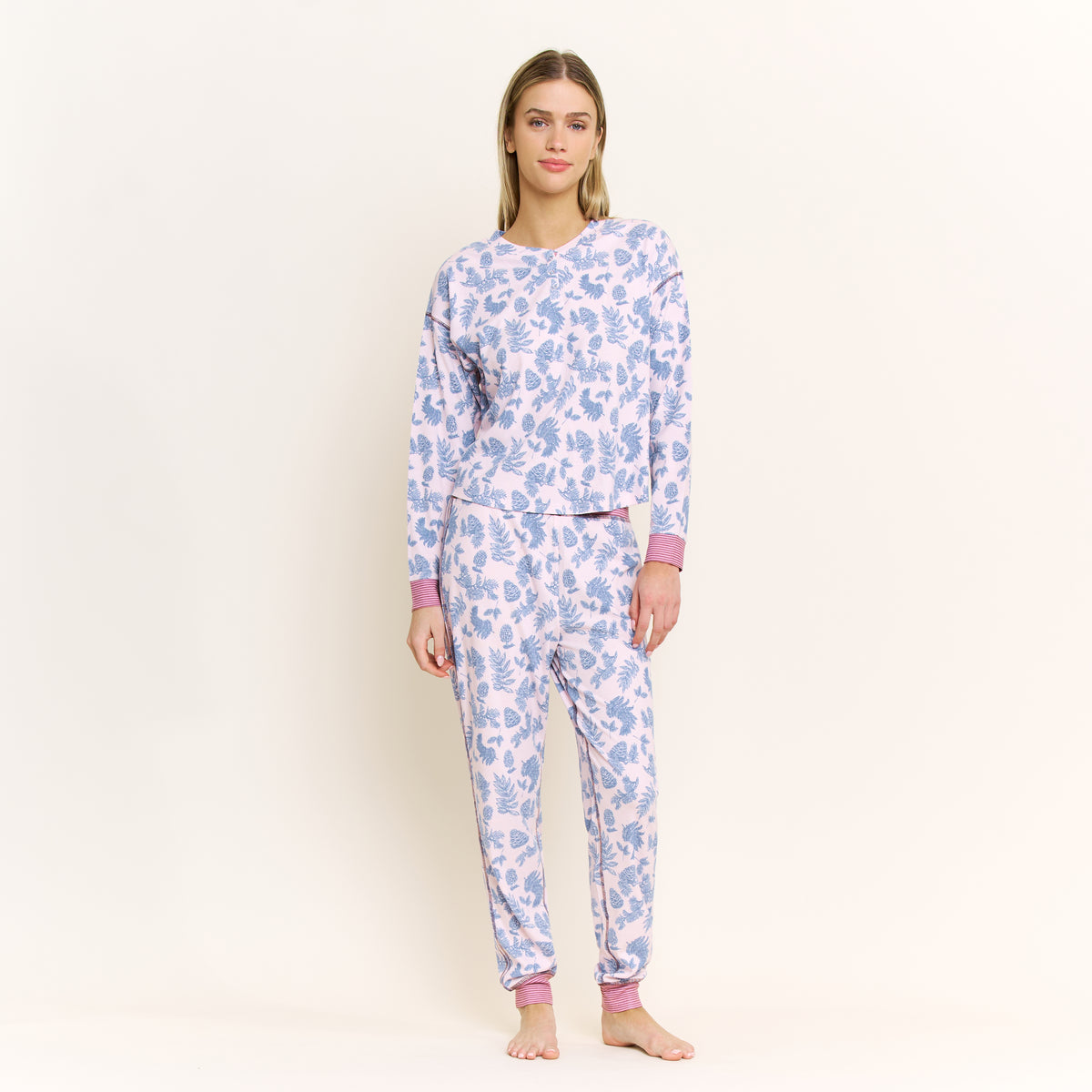 Cuddle Crew Long Henley Set in Soft Pink Pine Toile - -