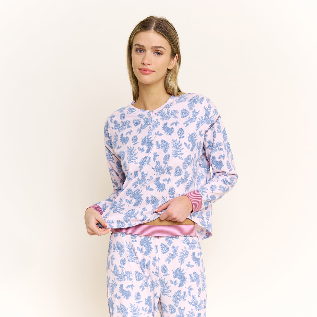 Cuddle Crew Long Henley Set in Soft Pink Pine Toile - -