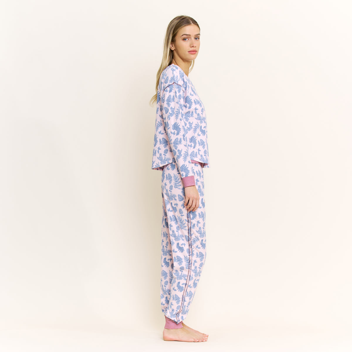 Cuddle Crew Long Henley Set in Soft Pink Pine Toile - -