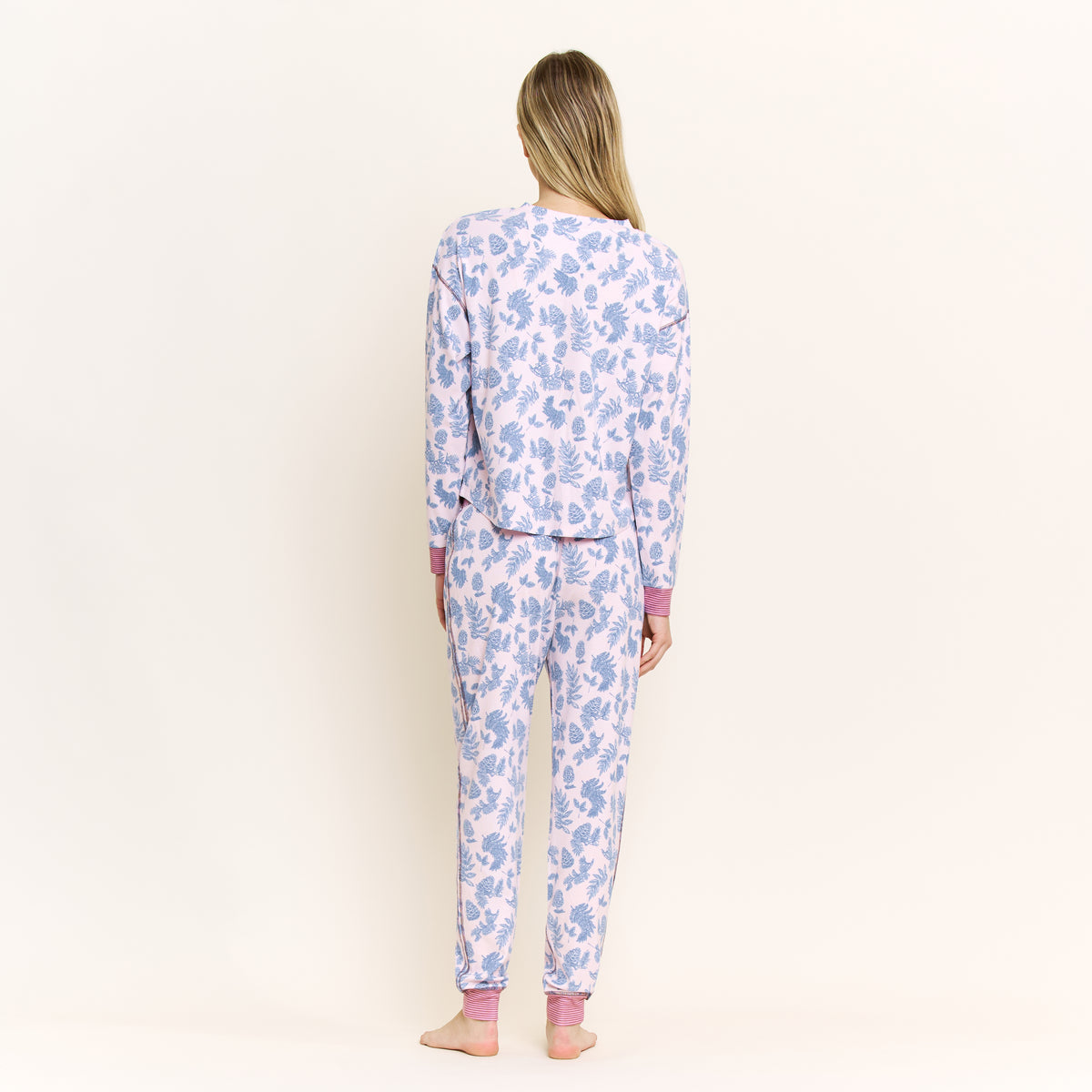 Cuddle Crew Long Henley Set in Soft Pink Pine Toile - -