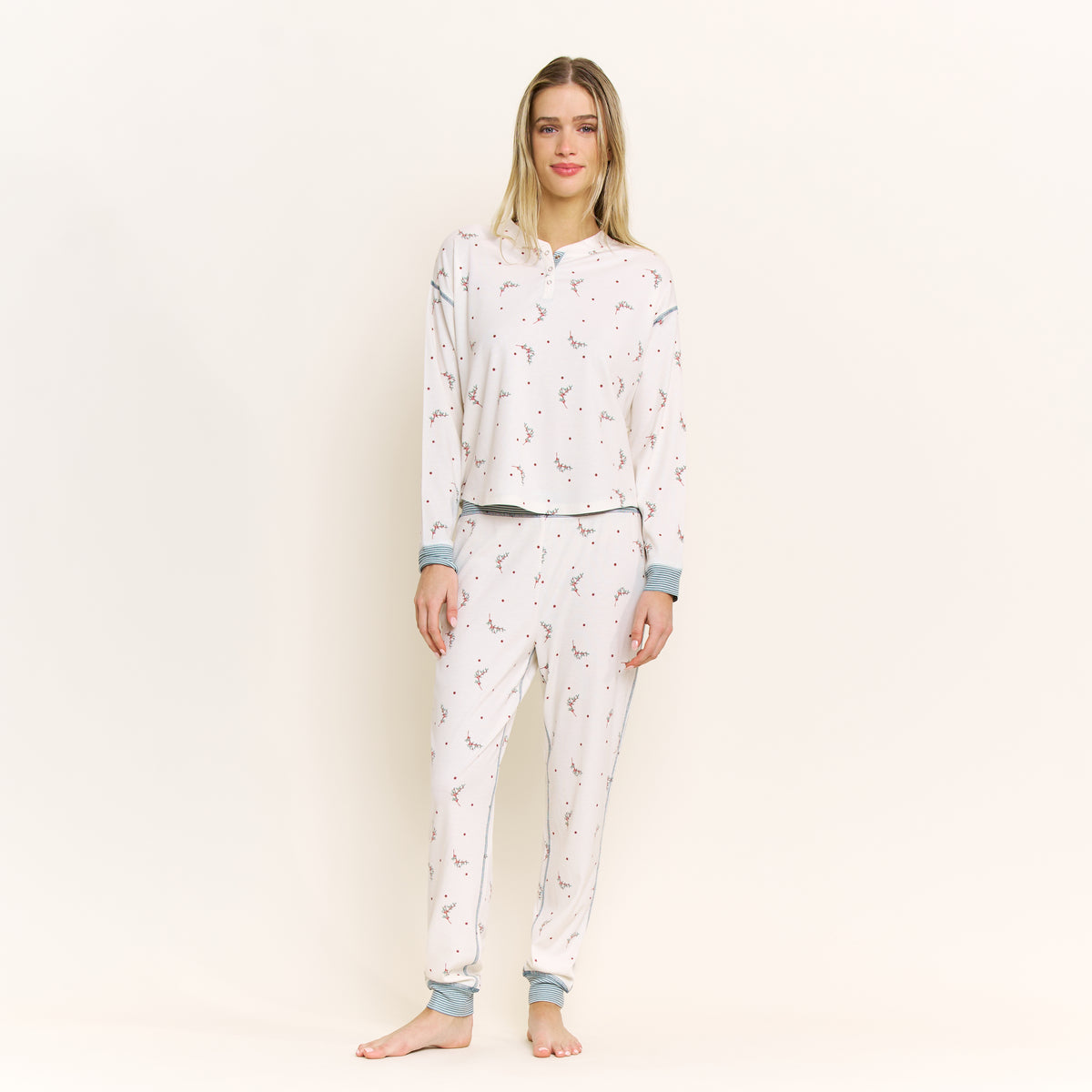 Cuddle Crew Long Henley Set in Cream Holly - -
