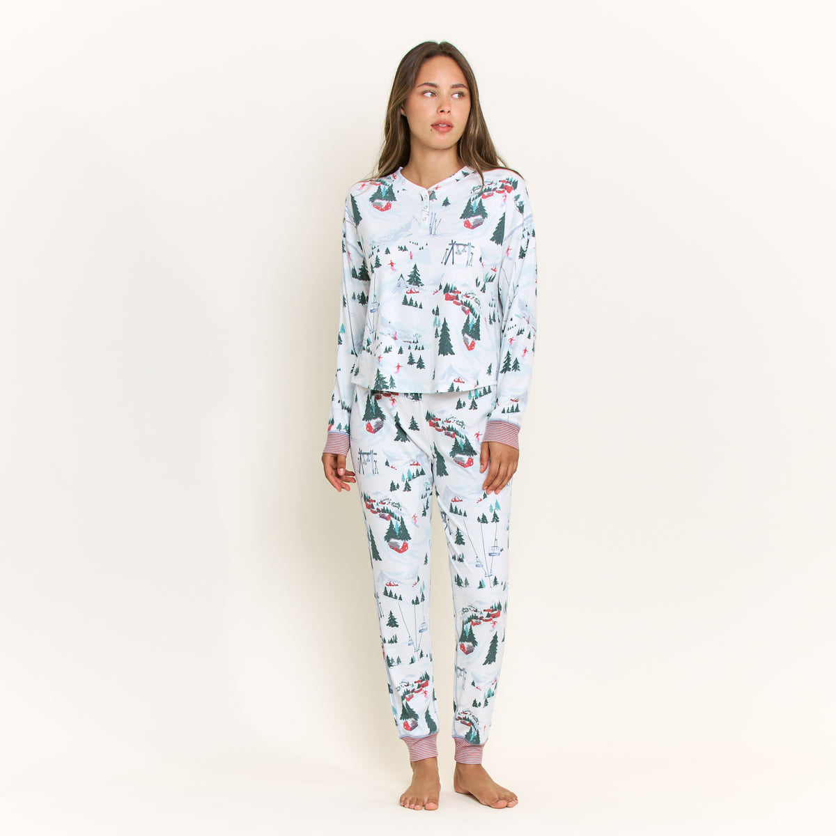 Cuddle Crew Long Henley Set in Ivory Ski Lodge - -