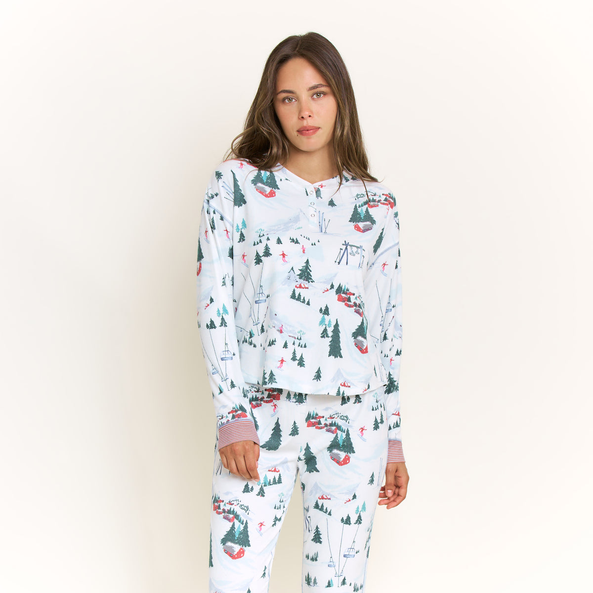 Cuddle Crew Long Henley Set in Ivory Ski Lodge - -