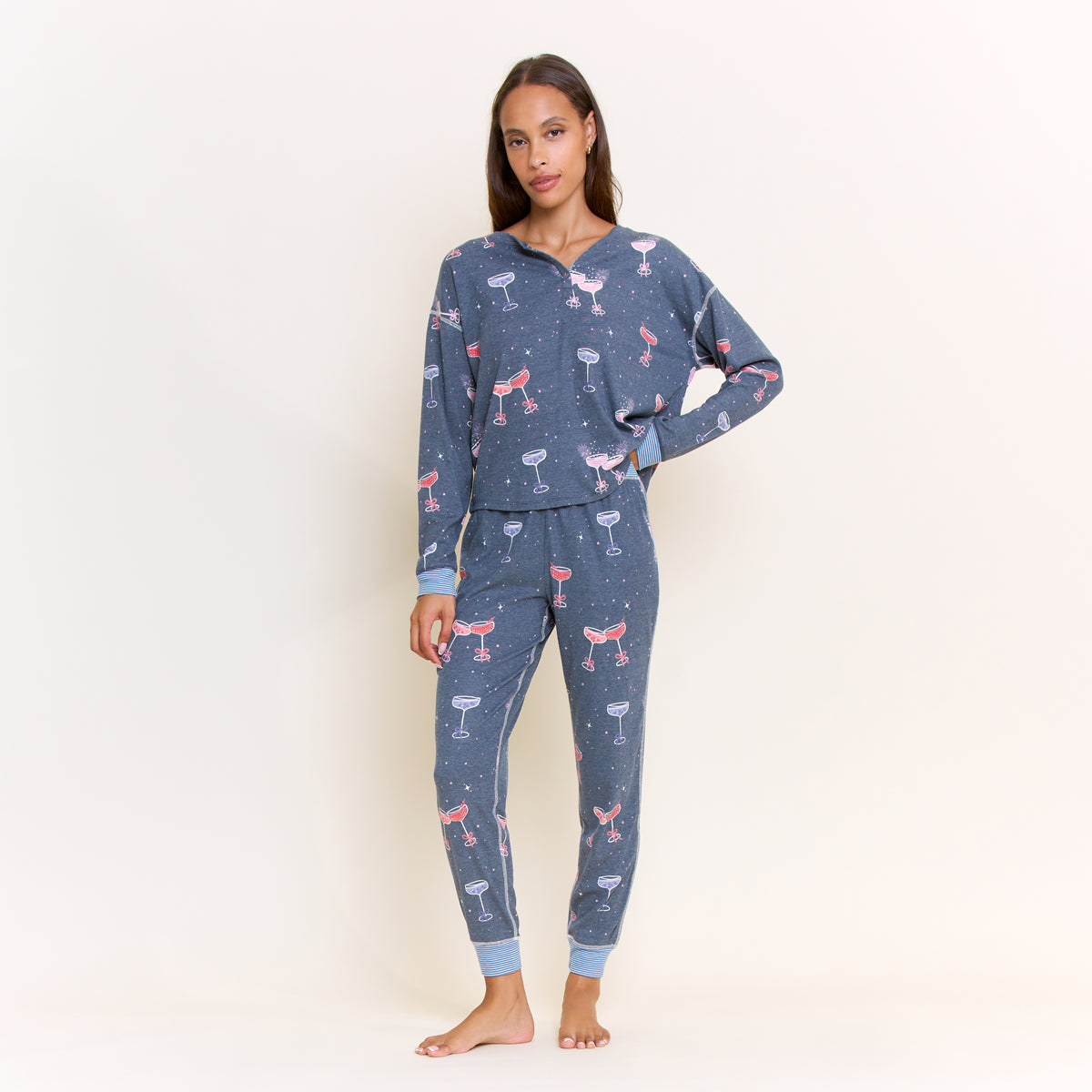 Cuddle Crew Long Henley Set in Navy Sparkle Hour - -
