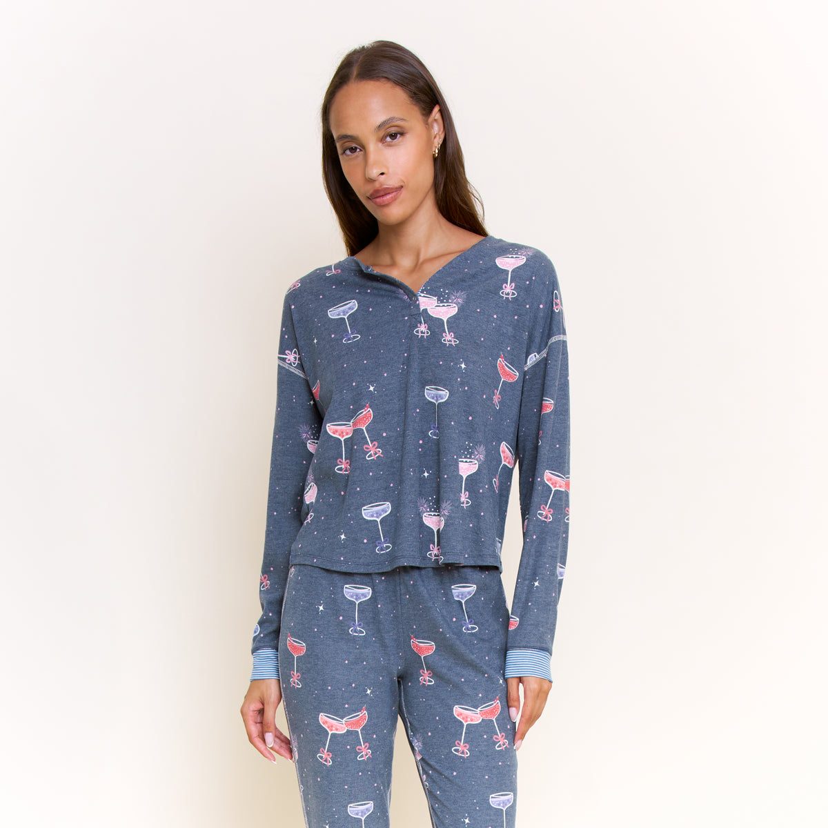 Cuddle Crew Long Henley Set in Navy Sparkle Hour - -