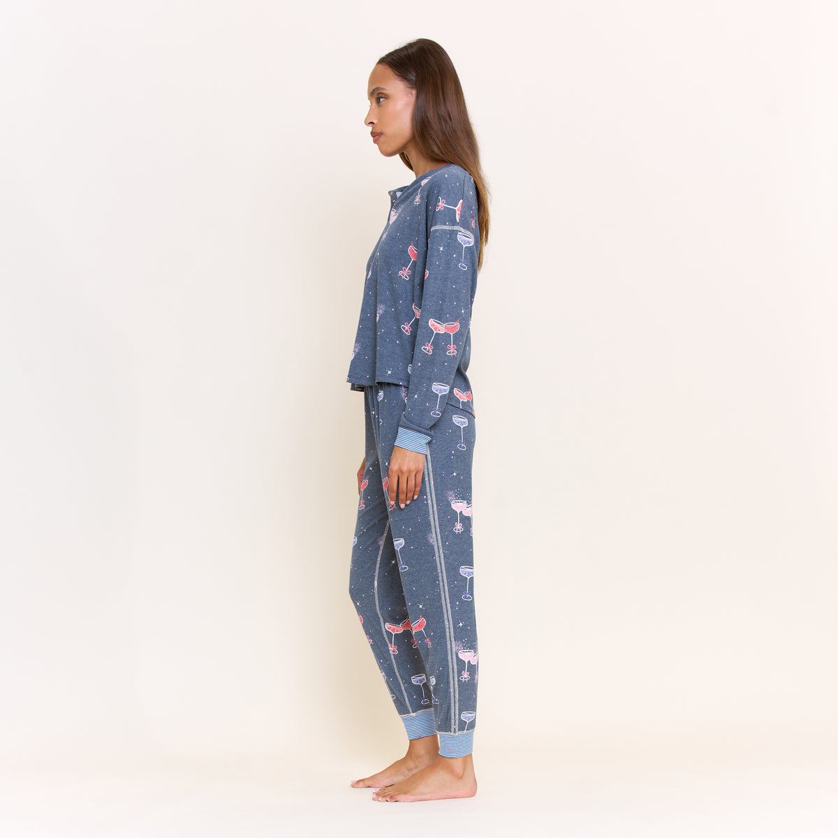 Cuddle Crew Long Henley Set in Navy Sparkle Hour - -