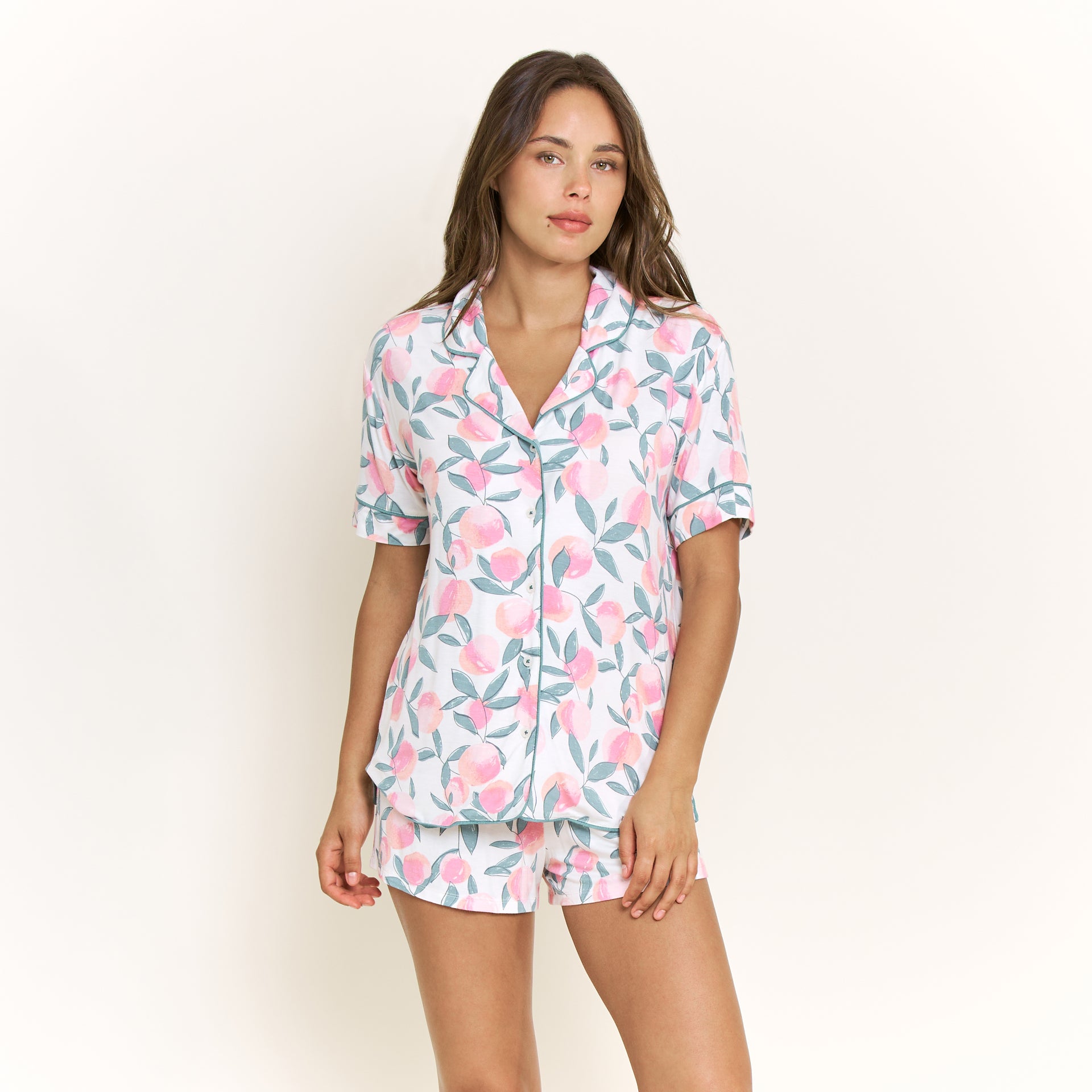 All American Shortie PJ Set in Ivory Peach Blooms - -
