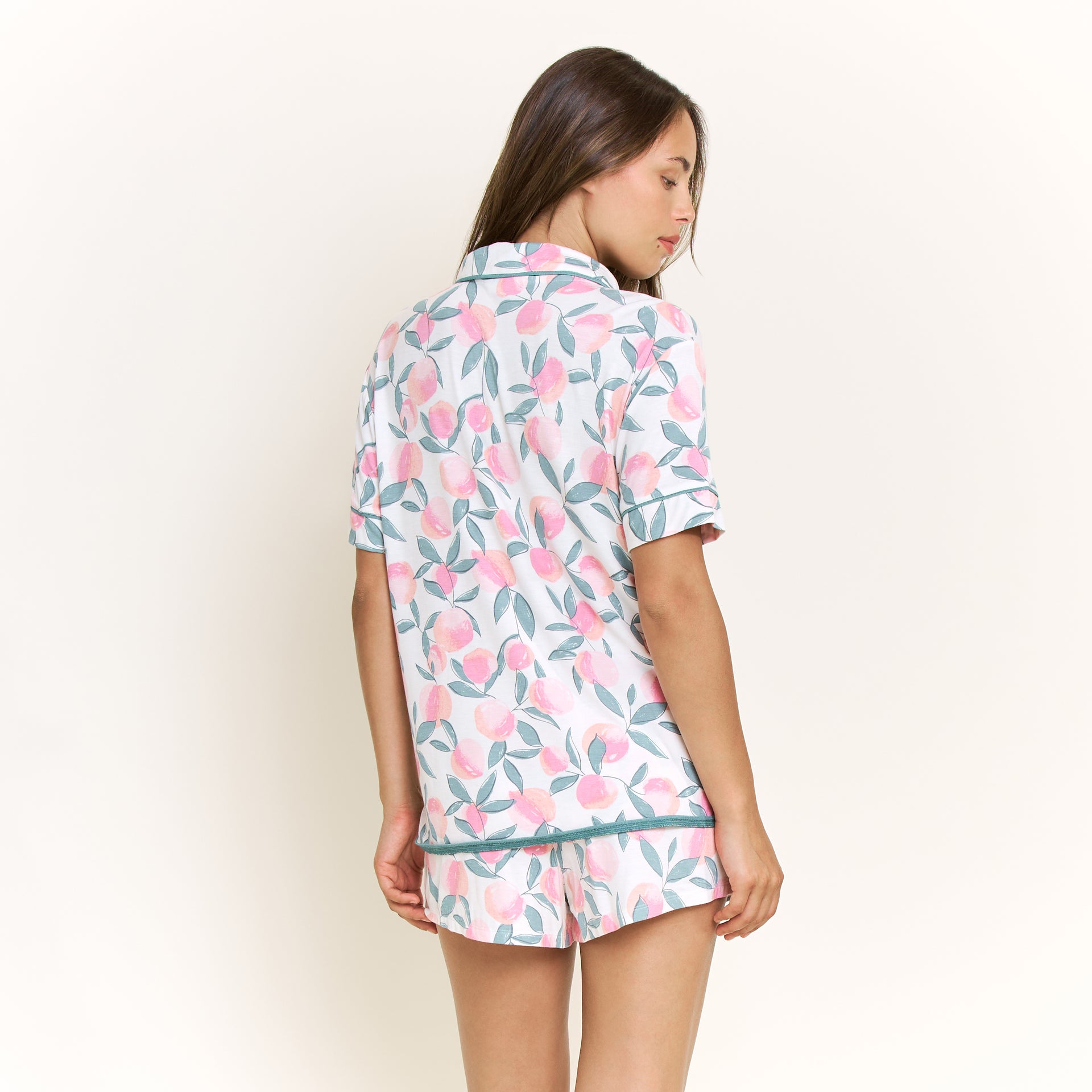 All American Shortie PJ Set in Ivory Peach Blooms - -