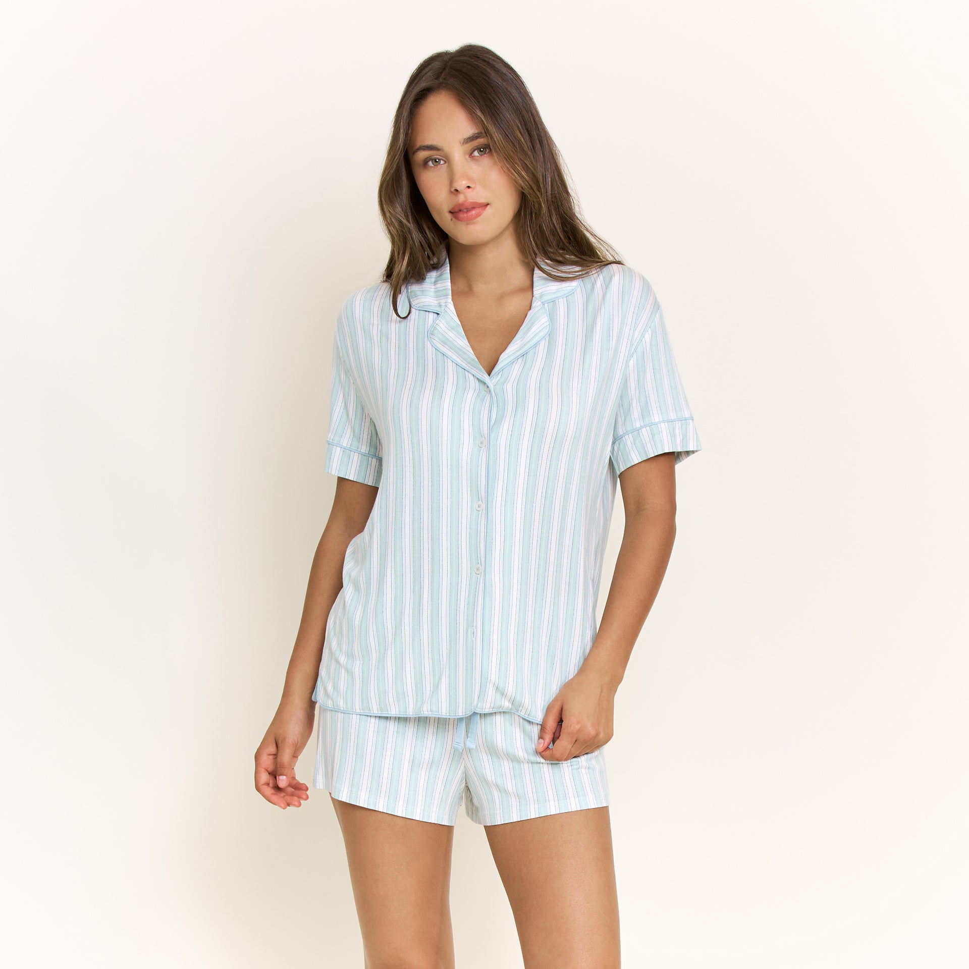 All American Shortie PJ Set in Sage Stitched Stripe - -
