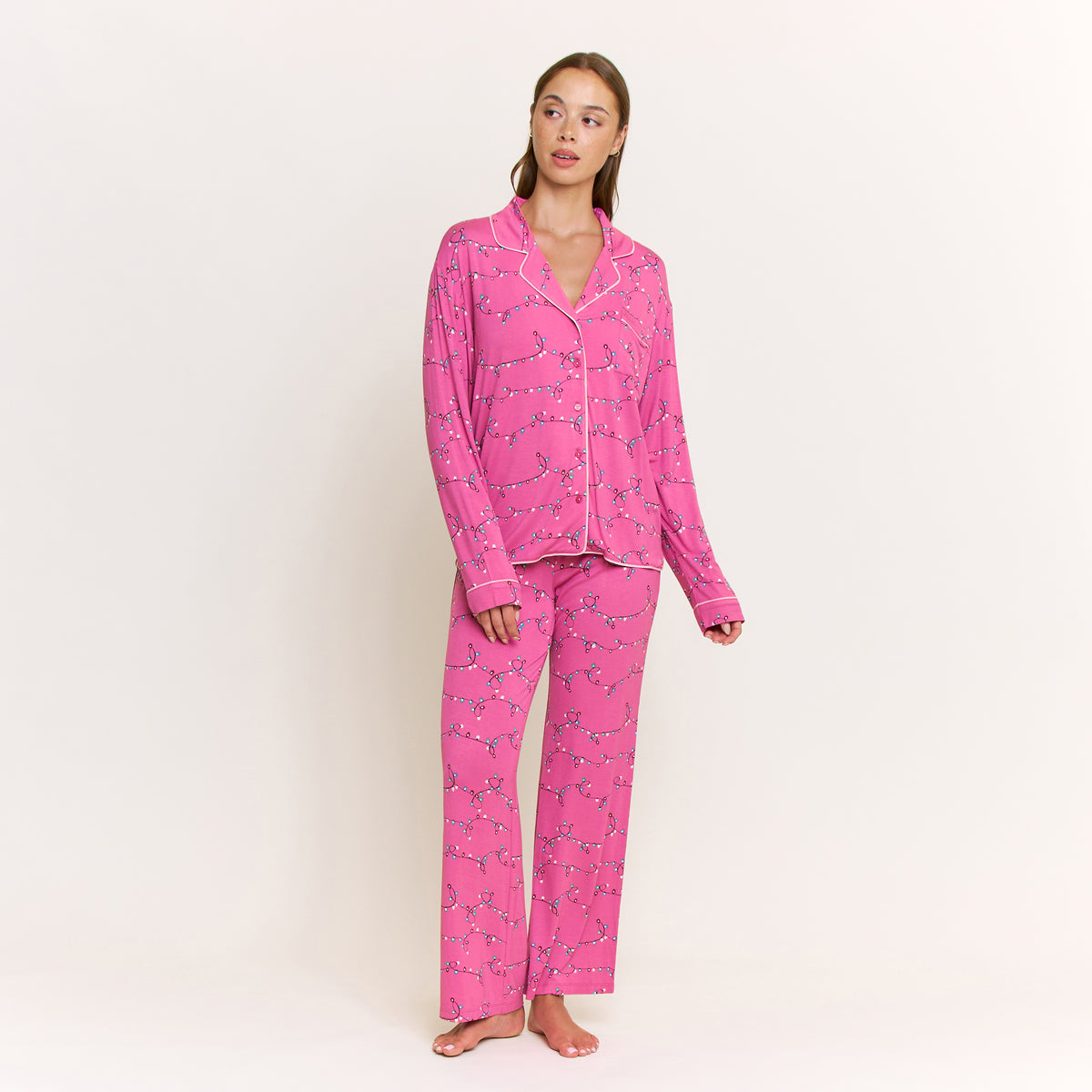 All American Long PJ Set in Fuchsia Festive Lights - -