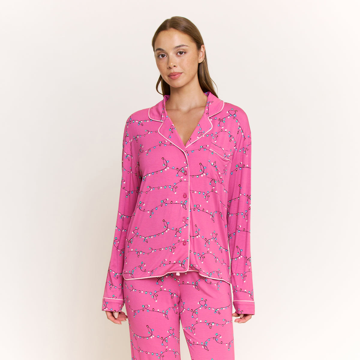 All American Long PJ Set in Fuchsia Festive Lights - -